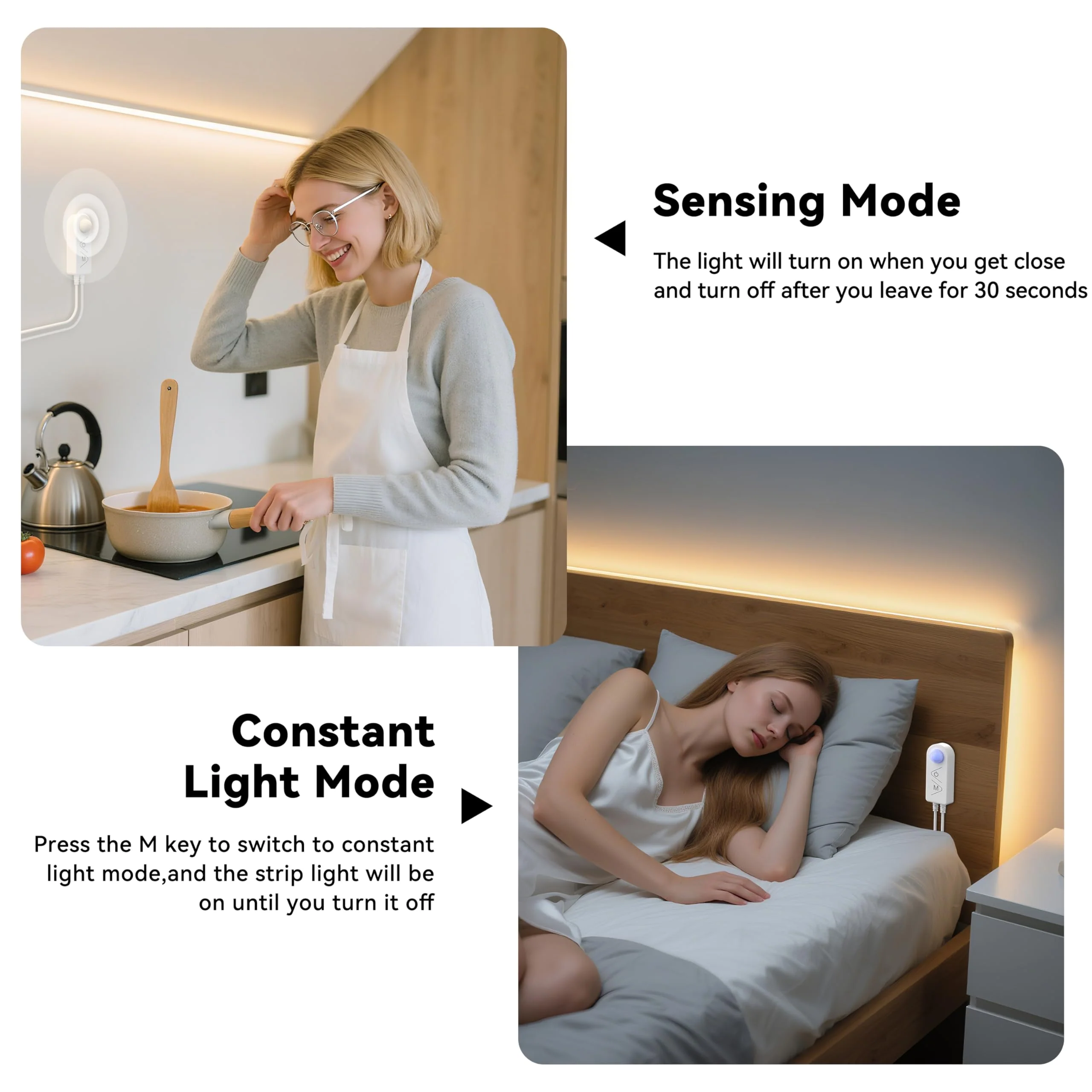 PAUTIX COB LED Strip Lights 2700K Warm White,Motion Sensor LED Lights,Dimmable 24V Motion Activated LED Strip Light,20ft Super Bright with Dual Lighting Mode,for Under Cabinet,Kitchen,Stairs,Bedroom 2700K-20ft(DC24V) - Image 2