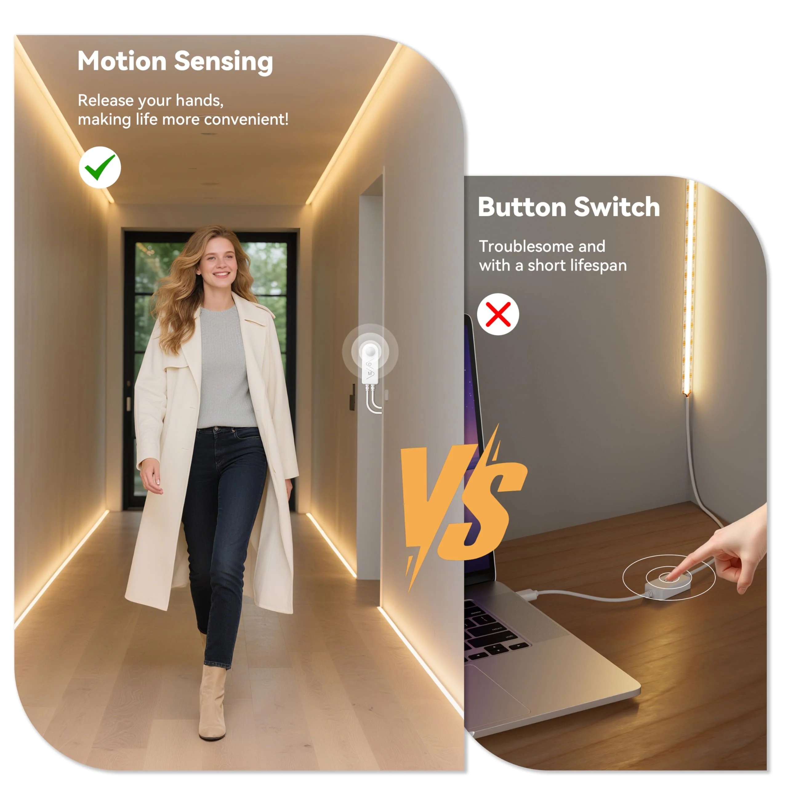 PAUTIX COB LED Strip Lights 2700K Warm White,Motion Sensor LED Lights,Dimmable 24V Motion Activated LED Strip Light,20ft Super Bright with Dual Lighting Mode,for Under Cabinet,Kitchen,Stairs,Bedroom 2700K-20ft(DC24V) - Image 4