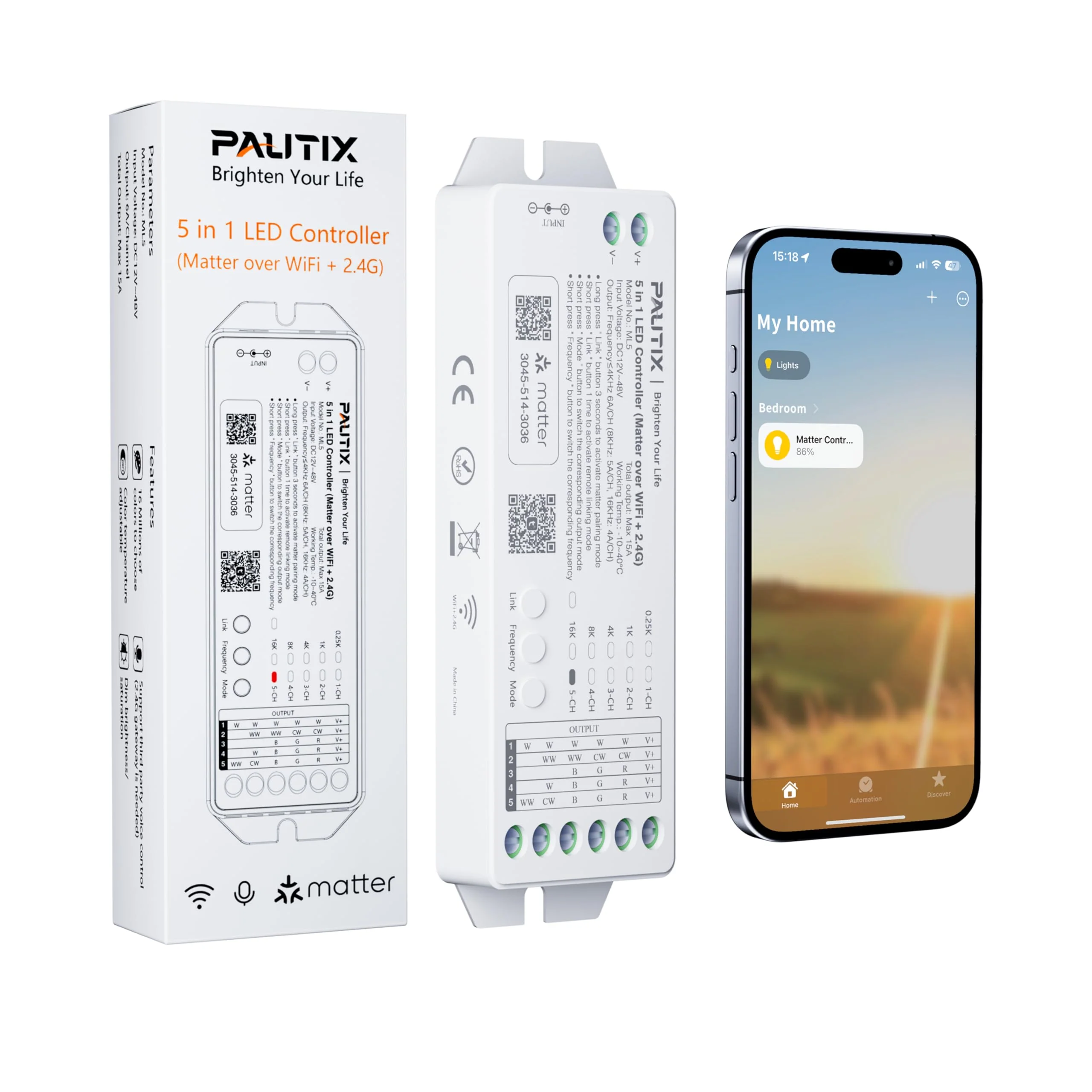 PAUTIX Matter WiFi LED Controller 5in1 ML5 Compatible with Tuya APP/Homekit/Smart Life/Alexa/Google Home/Siri, DC12-48V Dimmable Controller for Single Color/CCT/RGB/RGBW/RGBCCT LED Strip Lights PWM 5IN1(Support Matter)