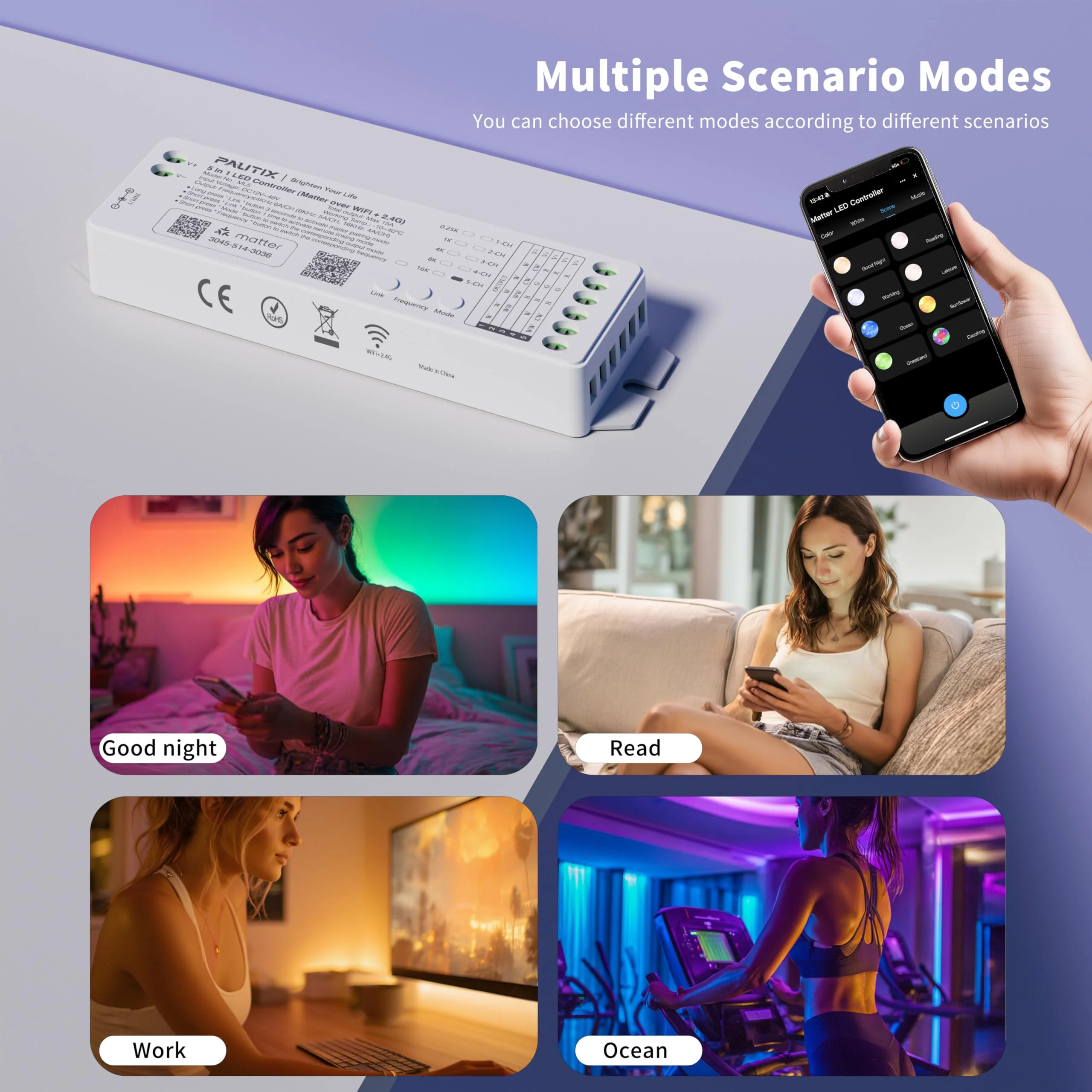 PAUTIX Matter WiFi LED Controller 5in1 ML5 Compatible with Tuya APP/Homekit/Smart Life/Alexa/Google Home/Siri, DC12-48V Dimmable Controller for Single Color/CCT/RGB/RGBW/RGBCCT LED Strip Lights PWM 5IN1(Support Matter) - Image 5