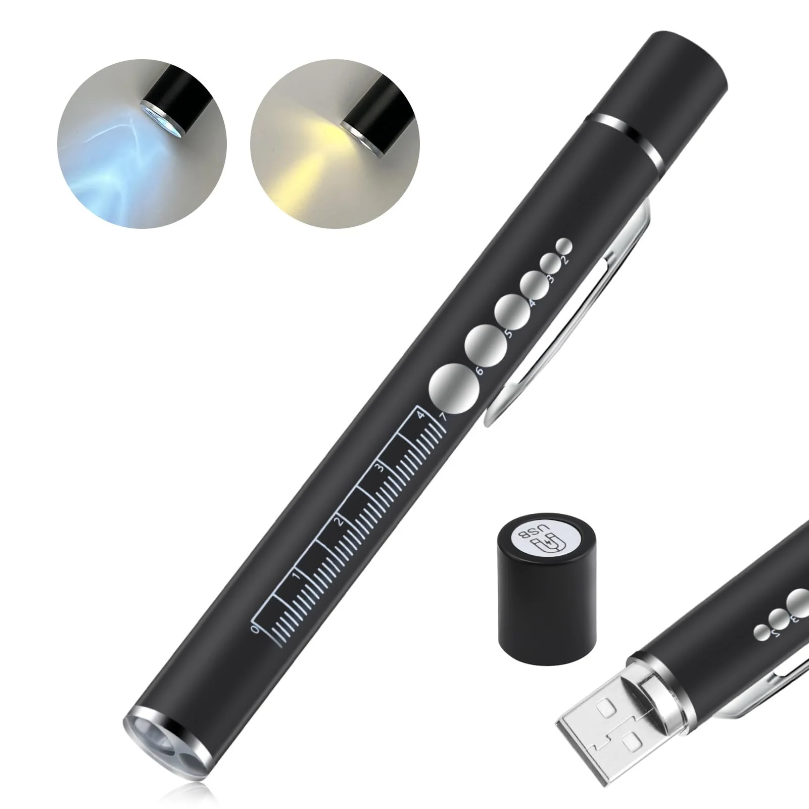 Penriter Pupil Light Diagnostic Light with Pupil Meter and Ruler, Black Medical Lamp Pen Light with Warm/Cool White, Rechargeable USB Pen Lamp for Nurses Doctors