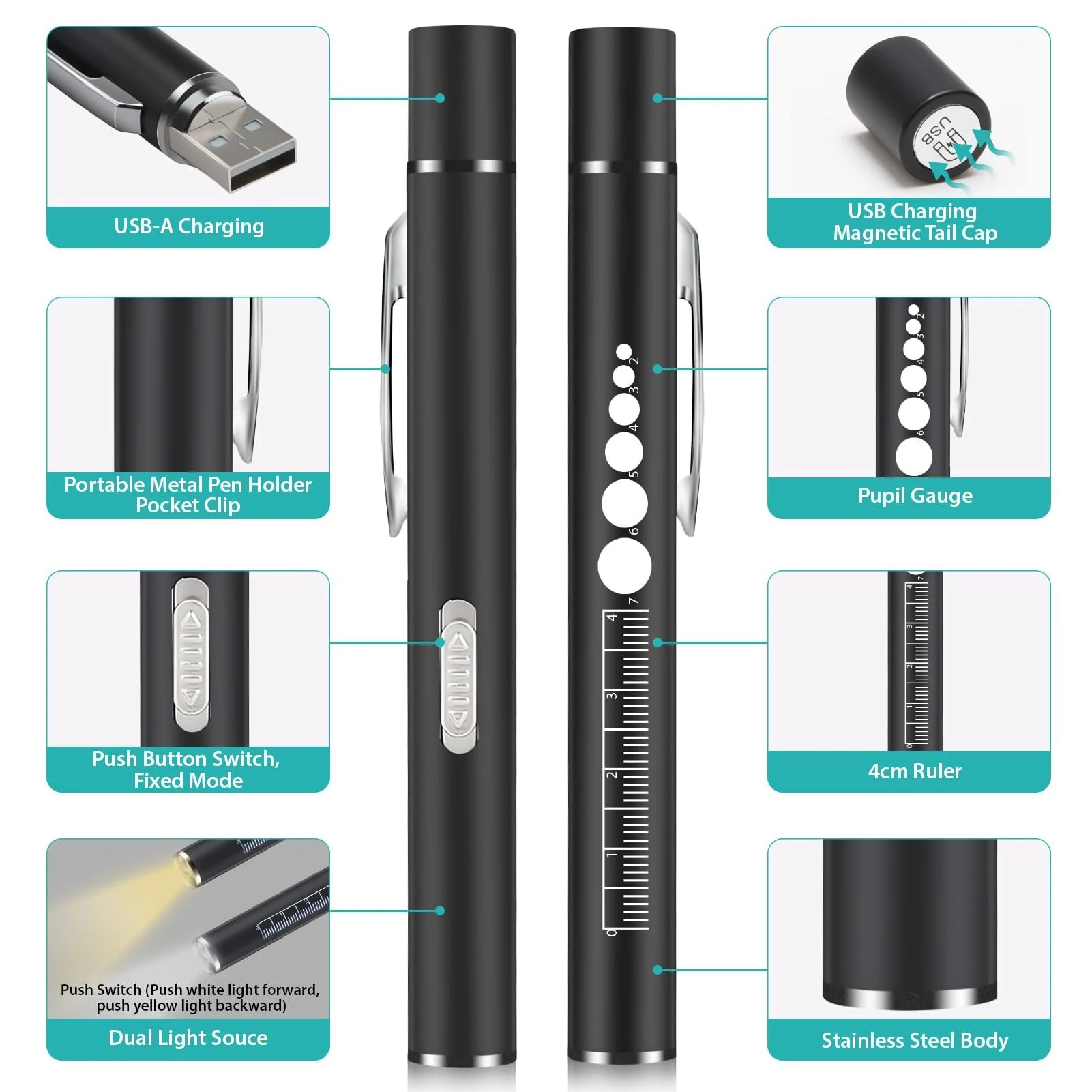 Penriter Pupil Light Diagnostic Light with Pupil Meter and Ruler, Black Medical Lamp Pen Light with Warm/Cool White, Rechargeable USB Pen Lamp for Nurses Doctors - Image 2