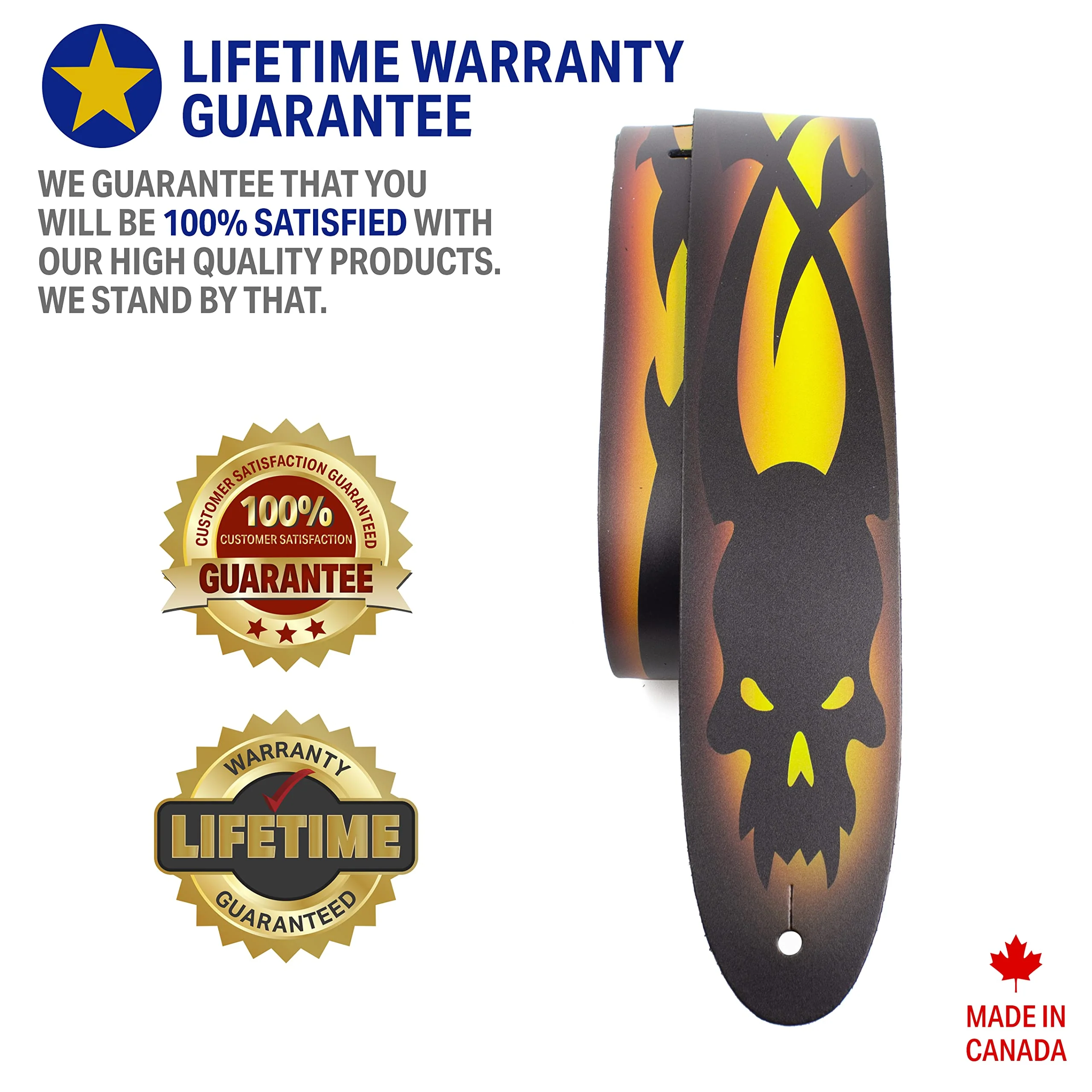 Perri's Leathers Ltd. Direct To Leather Guitar Straps: Bold Designs for Acoustic/Bass/Electric Guitars - Made in Canada Yellow Skull Barbed Wire - Image 4