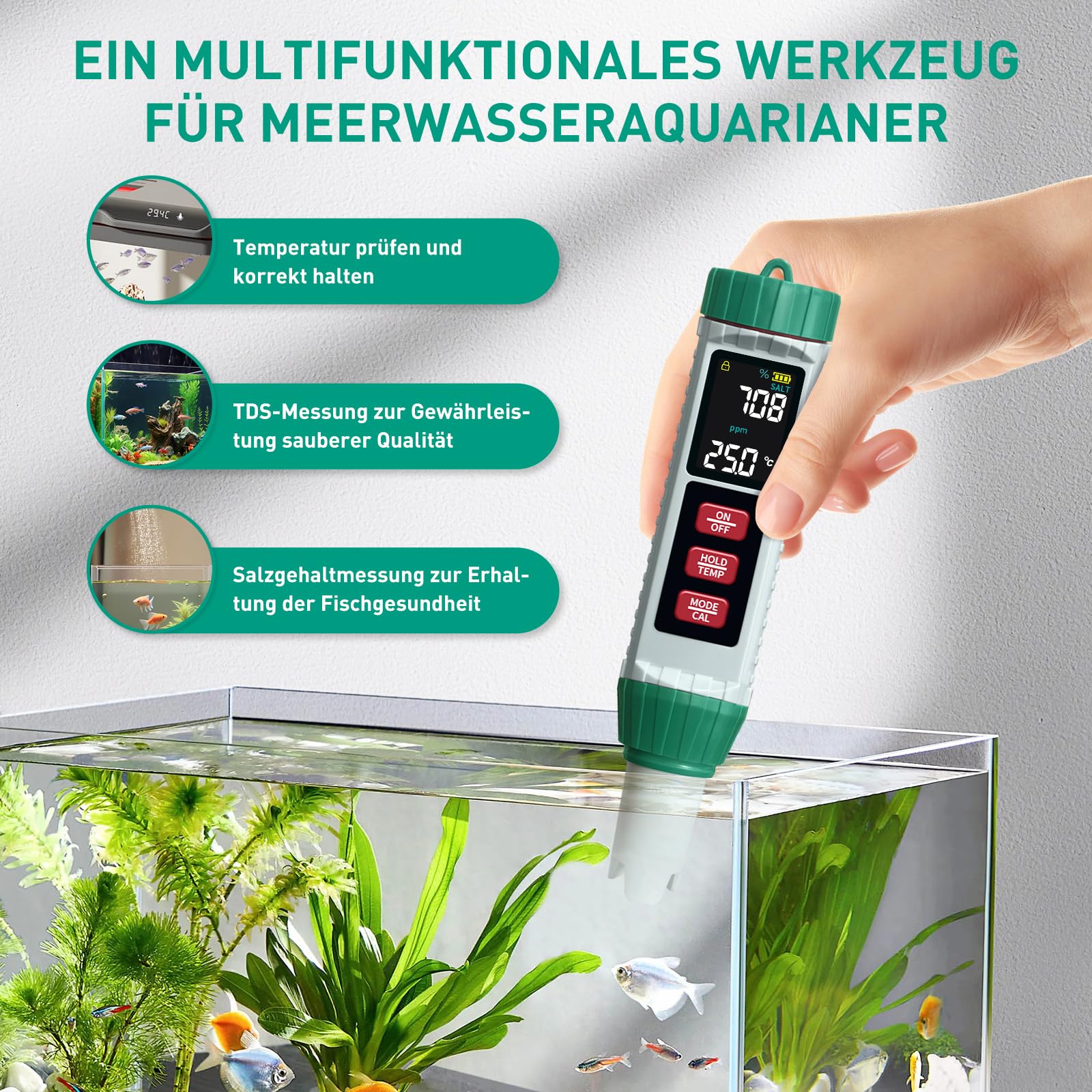 PH Meter Water, PH/TDS/EC/Salinity/Thermometer 5 in 1 pH Value Meter with LCD Display, Automatic Temperature Compensation pH Tester, High Precision Water Tester, Ideal for Drinking Water, Pool - Image 6