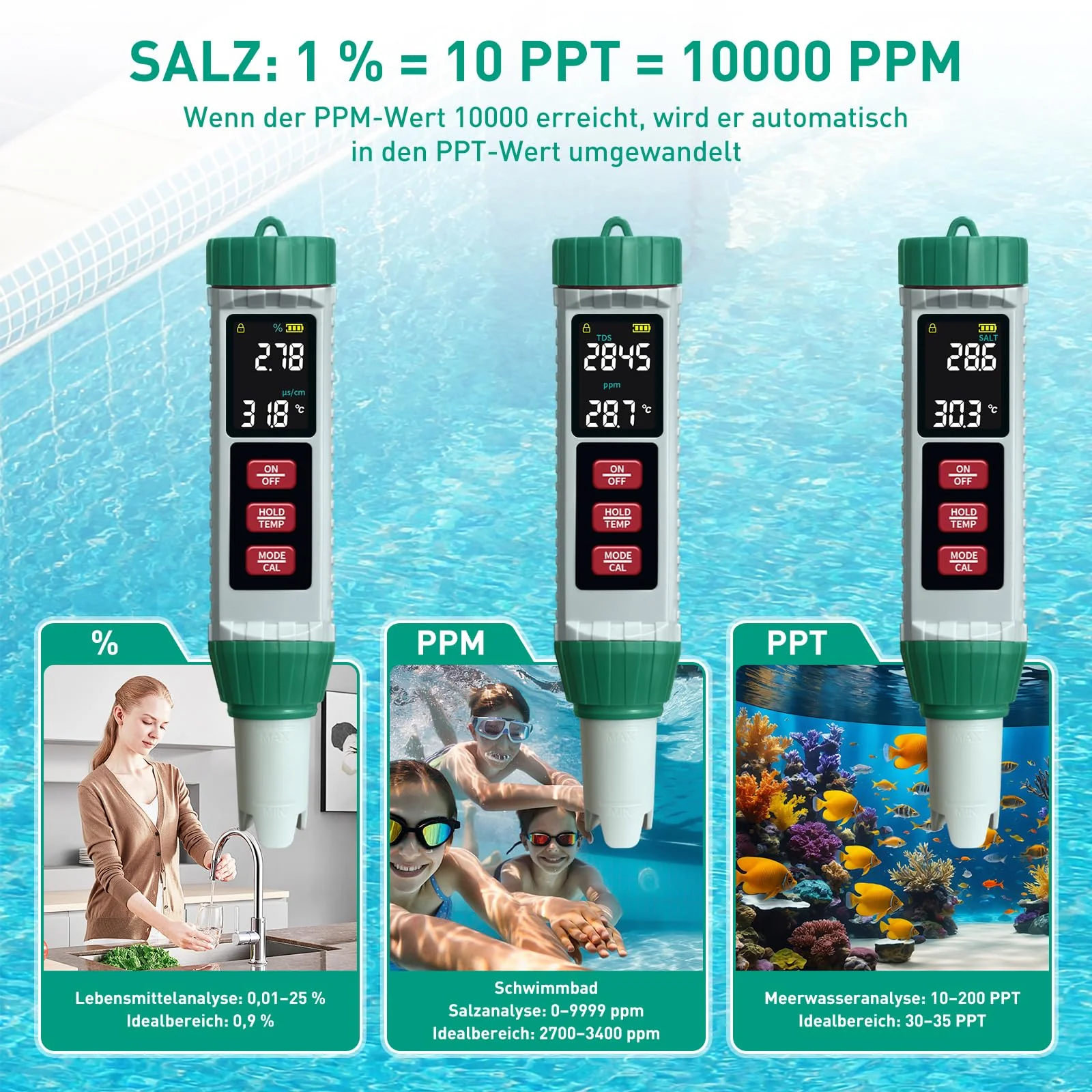 PH Meter Water, PH/TDS/EC/Salinity/Thermometer 5 in 1 pH Value Meter with LCD Display, Automatic Temperature Compensation pH Tester, High Precision Water Tester, Ideal for Drinking Water, Pool - Image 7