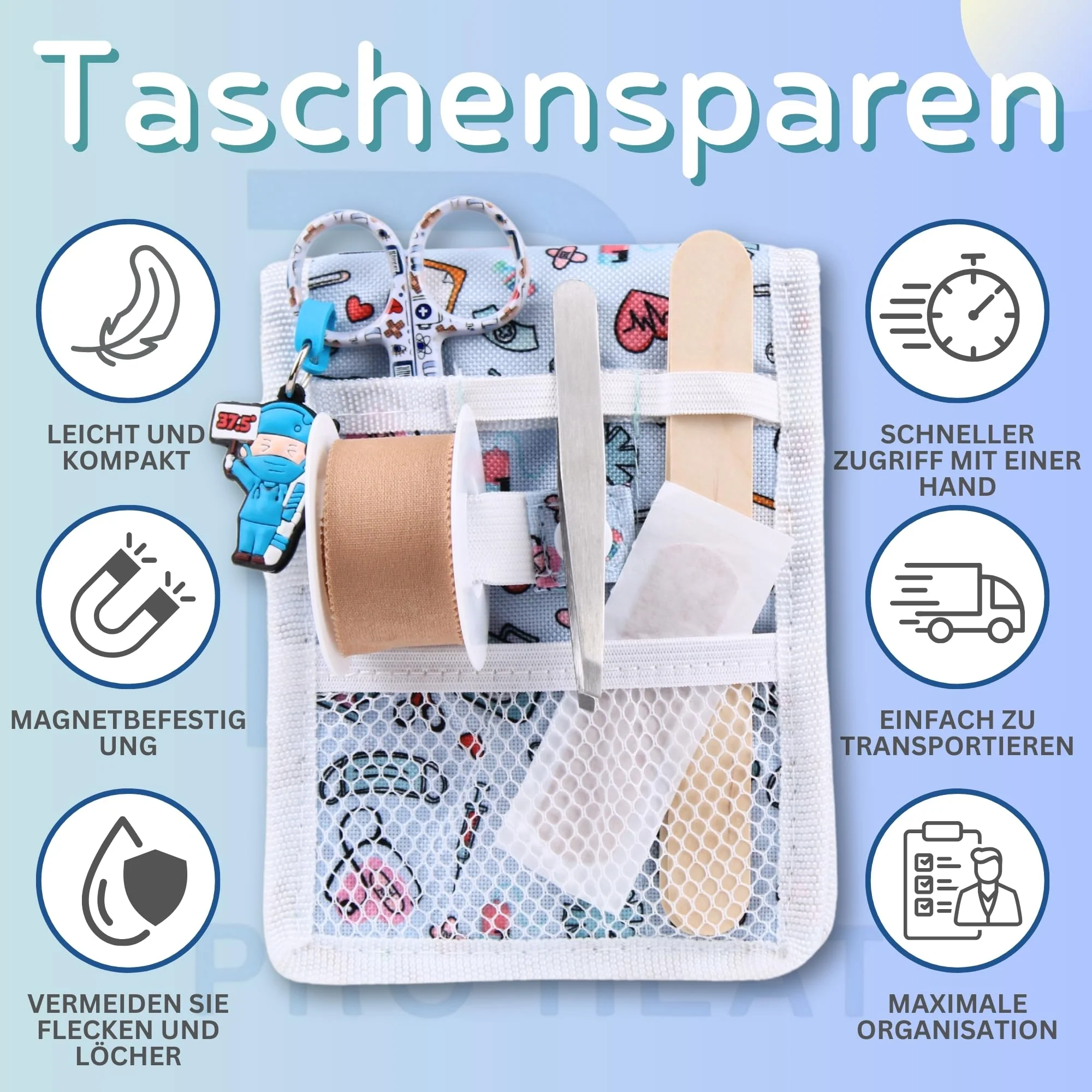 Ph Pro Heat Nurse Bag for Work with Magnet - Care Bag - Kankenhaus Accessories - Nurse Bag with Multifunctional Compartments - Nursing Organiser Blue and White - Image 2