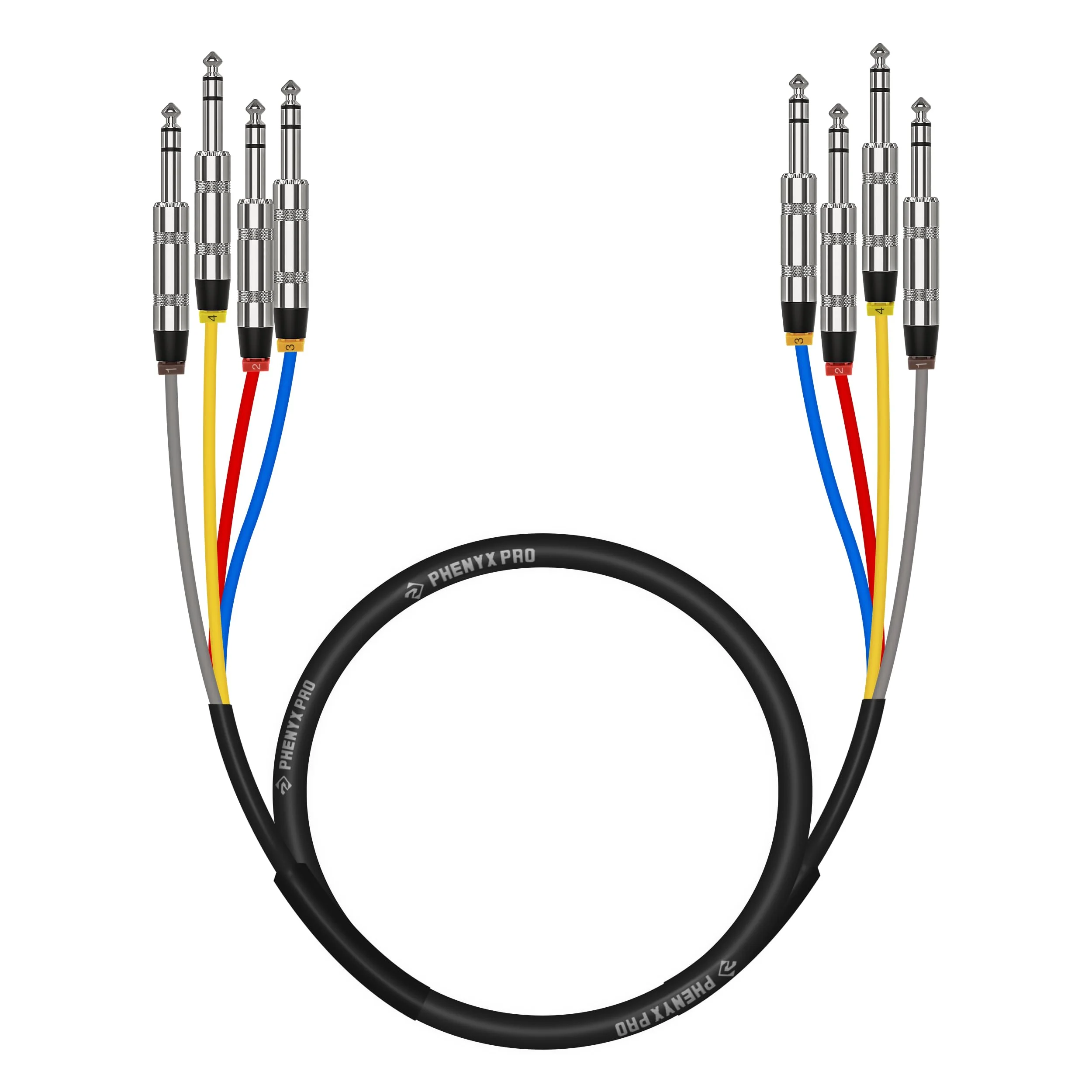 Phenyx Pro 4-Channel TRS Snake Cable, Color-Coded Patch w/24 AWG OFC Copper, 3 Ft Cable, 1/4" Audio Cable, TRS to TRS Balanced 1/4-Inch for Guitar, Bass & AMP (PCBL-QR4IN1-3) 3 Feet