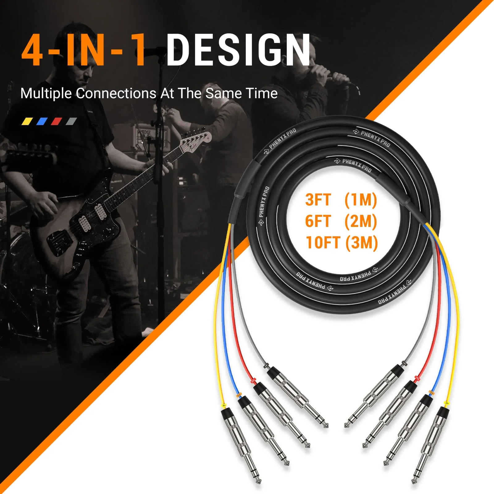 Phenyx Pro 4-Channel TRS Snake Cable, Color-Coded TRS Patch Cable w/24 AWG OFC Copper, 10 Ft, 1/4" Audio Cable, TRS to TRS Balanced 1/4-Inch Cable for Guitar, Bass & AMP (PCBL-QR4IN1-10) 10 Feet - Image 2