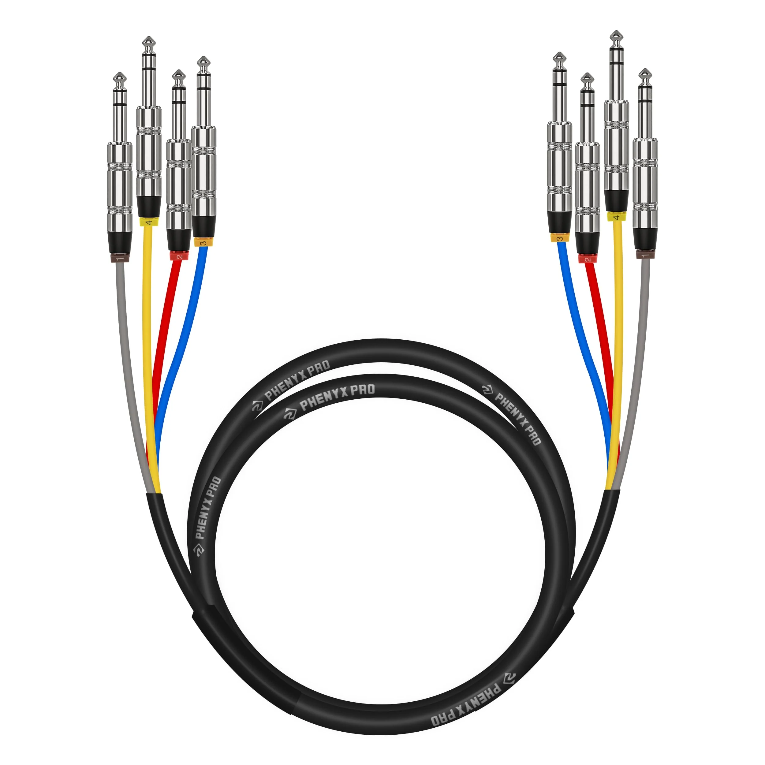 Phenyx Pro 4-Channel TRS Snake Cable, Color-Coded TRS Patch w/24 AWG OFC Copper, 6 Ft, 1/4" Audio Cable, TRS to TRS Balanced 1/4-Inch Cable for Guitar, Bass & AMP (PCBL-QR4IN1-6) 6 Feet