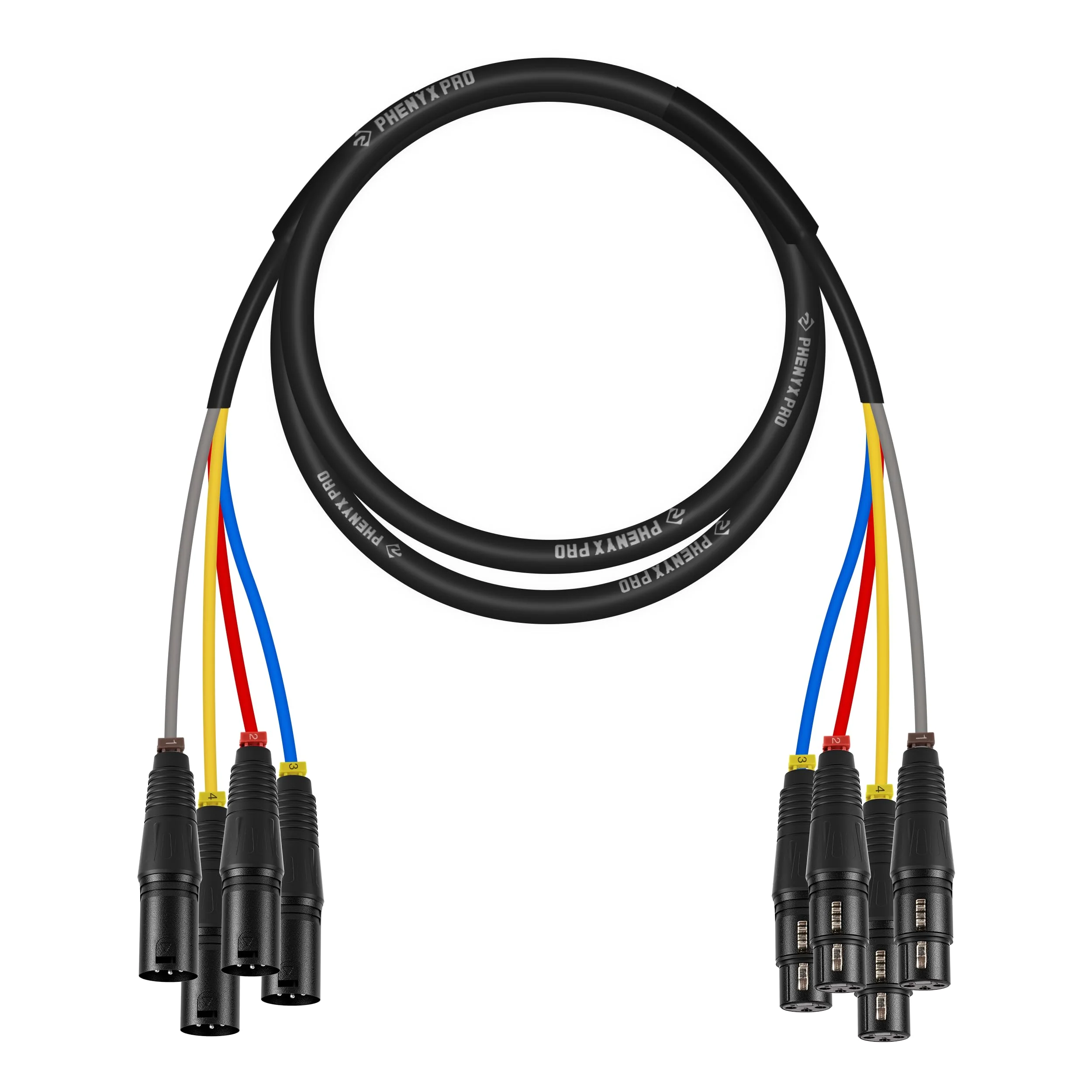 Phenyx Pro 4-Channel XLR Cable, 6 Ft Snake Cable, Balanced Microphone Cord, XLR Splitter, Color-Coded, 4-in-1 Design, 3-PIN Male to Female Patch Wire, w/OFC Copper (PCBL-4IN1-6) 6 Feet