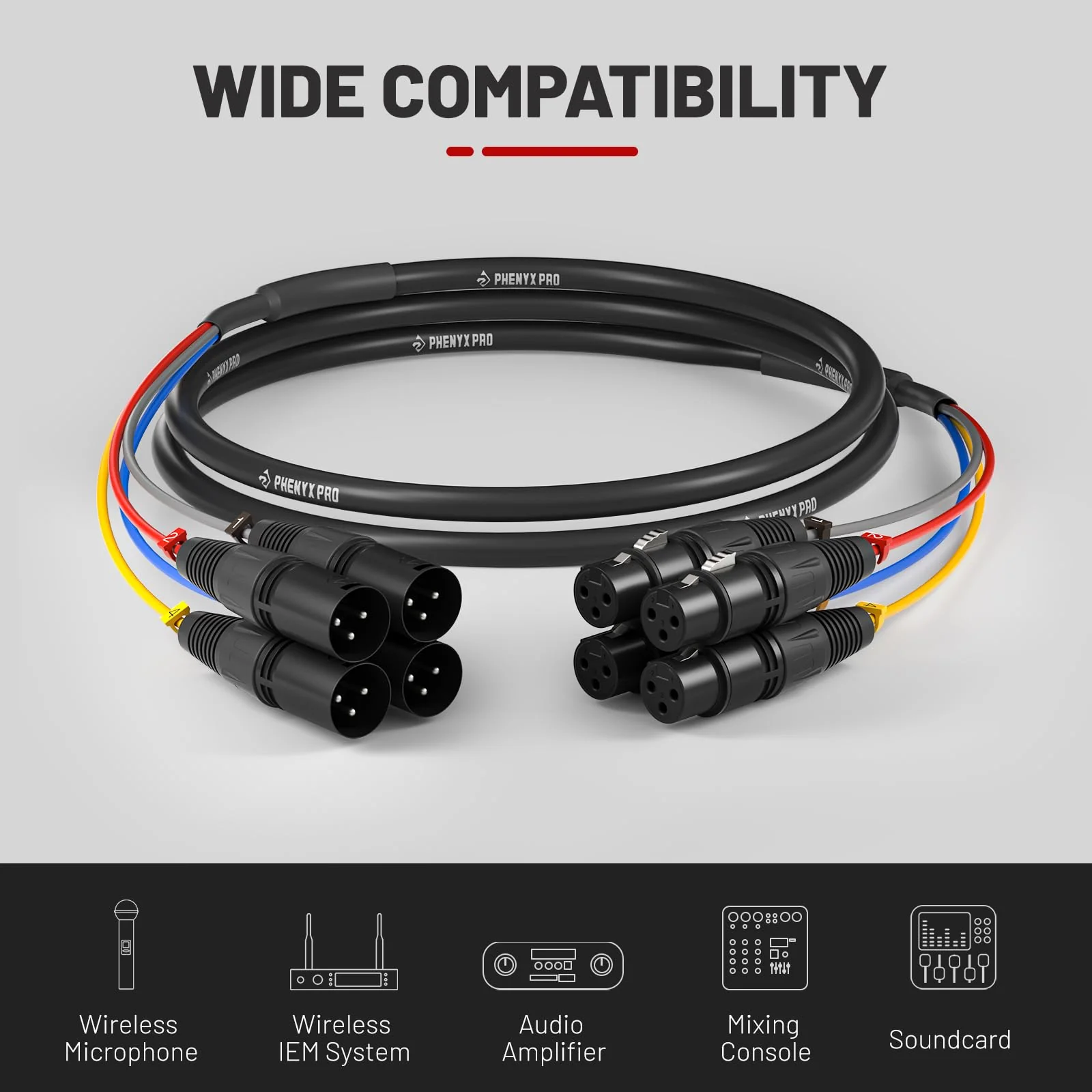 Phenyx Pro 4-Channel XLR Cable, 6 Ft Snake Cable, Balanced Microphone Cord, XLR Splitter, Color-Coded, 4-in-1 Design, 3-PIN Male to Female Patch Wire, w/OFC Copper (PCBL-4IN1-6) 6 Feet - Image 6