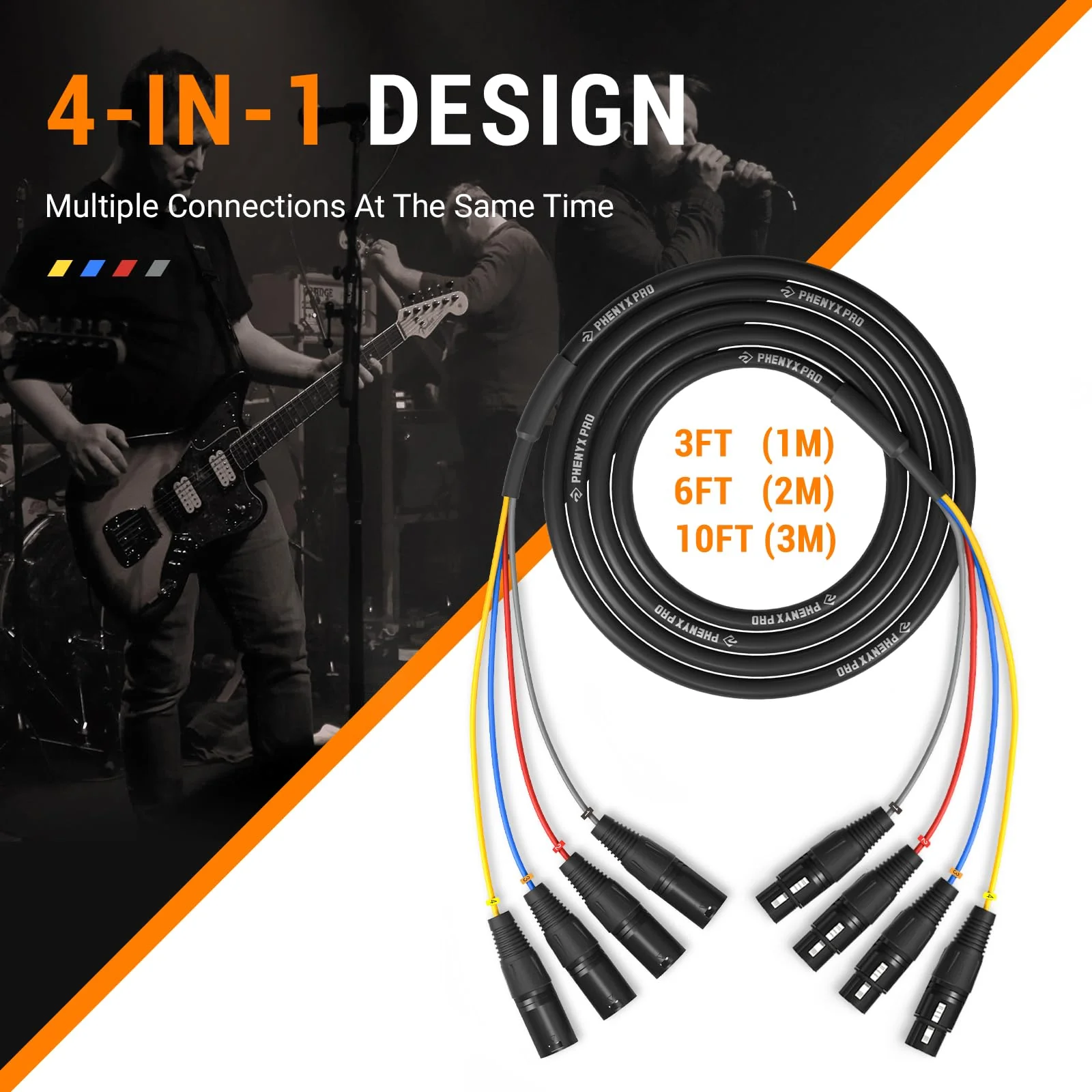 Phenyx Pro 4-Channel XLR Snake Cable, Color-Coded Male to Female Patch Wire w/OFC Copper, 6 Ft XLR Splitter Cable, Balanced Microphone Cable for DJ Mixers, IEM & Mic Systems (PCBL-4IN1-6) 6 Feet - Image 2
