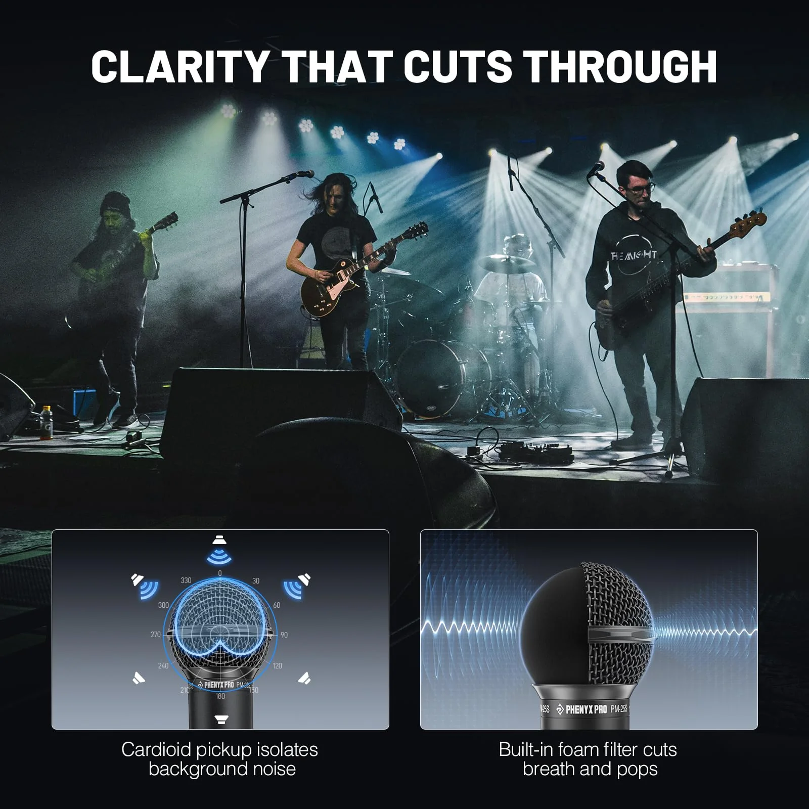 Phenyx Pro Dynamic Vocal Microphone, Cardioid Microphone with 16.4 ft XLR Cable, Mic Clip, Storage Bag, Wired Handheld Mic for Singing, Stage, Studio, Karaoke (PM-25) - Image 3