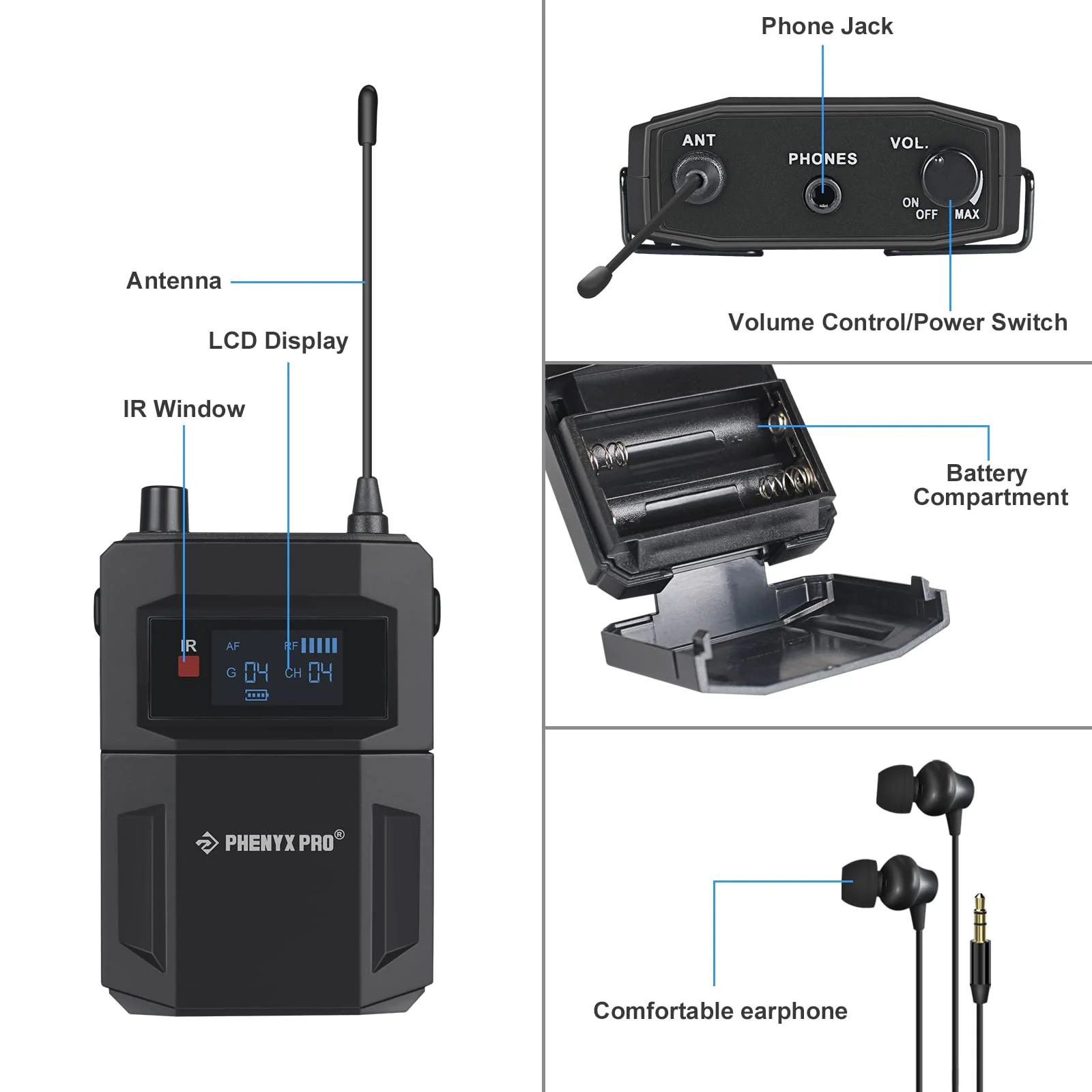 Phenyx Pro PTM-11/PTM-22 MONO Wireless in Ear Monitor System Bodypack Receiver, Performance with Adjustable Frequencies 1 receiver only - Image 2