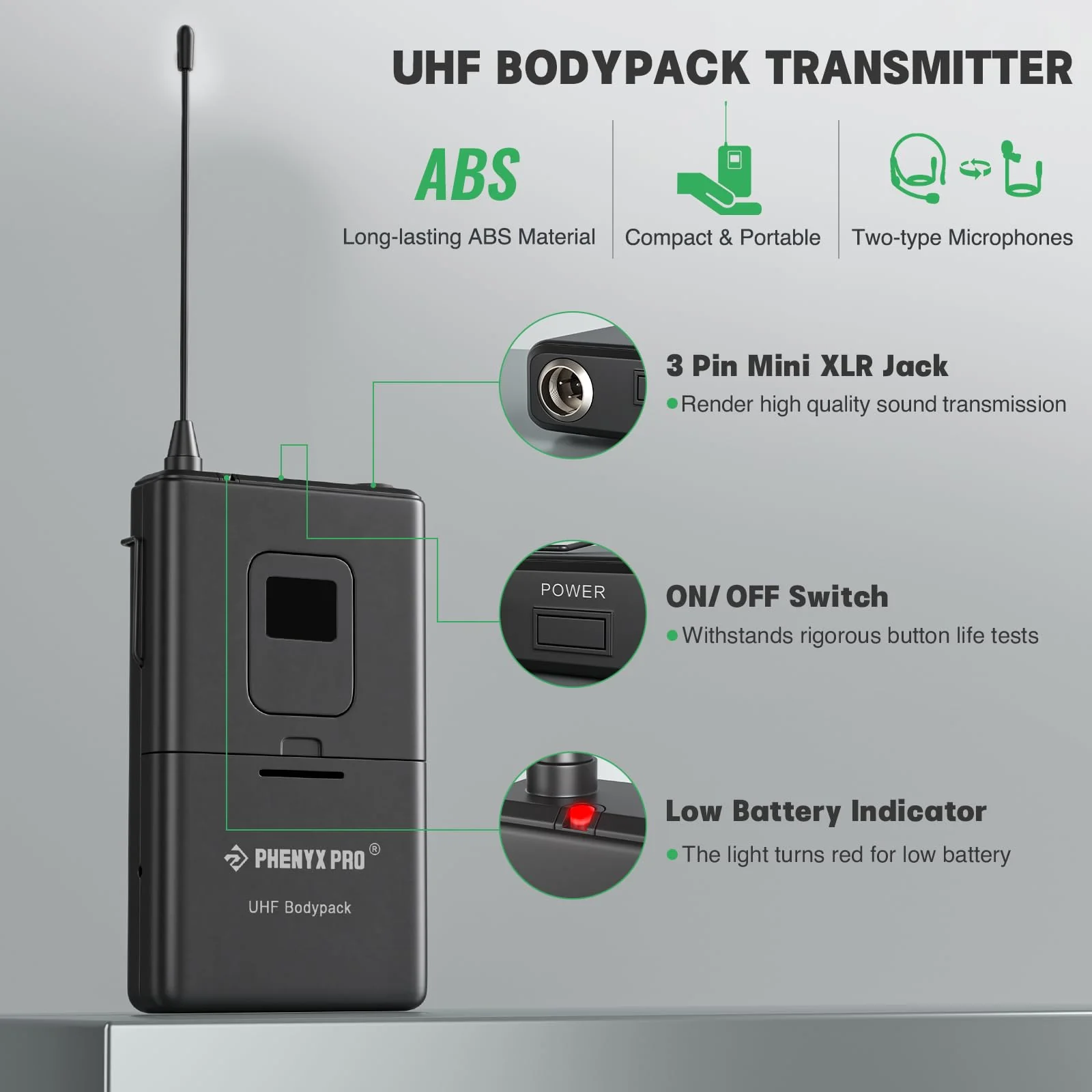 Phenyx Pro Wireless Bodypack Transmitter, 561.6MHz UHF Cardioid Pattern Wireless BodyPack Microphone, Fixed Frequency, 260 FT Range, for PTU-5000/PTU-4000 Series (PWB-5-561.6) - Image 4