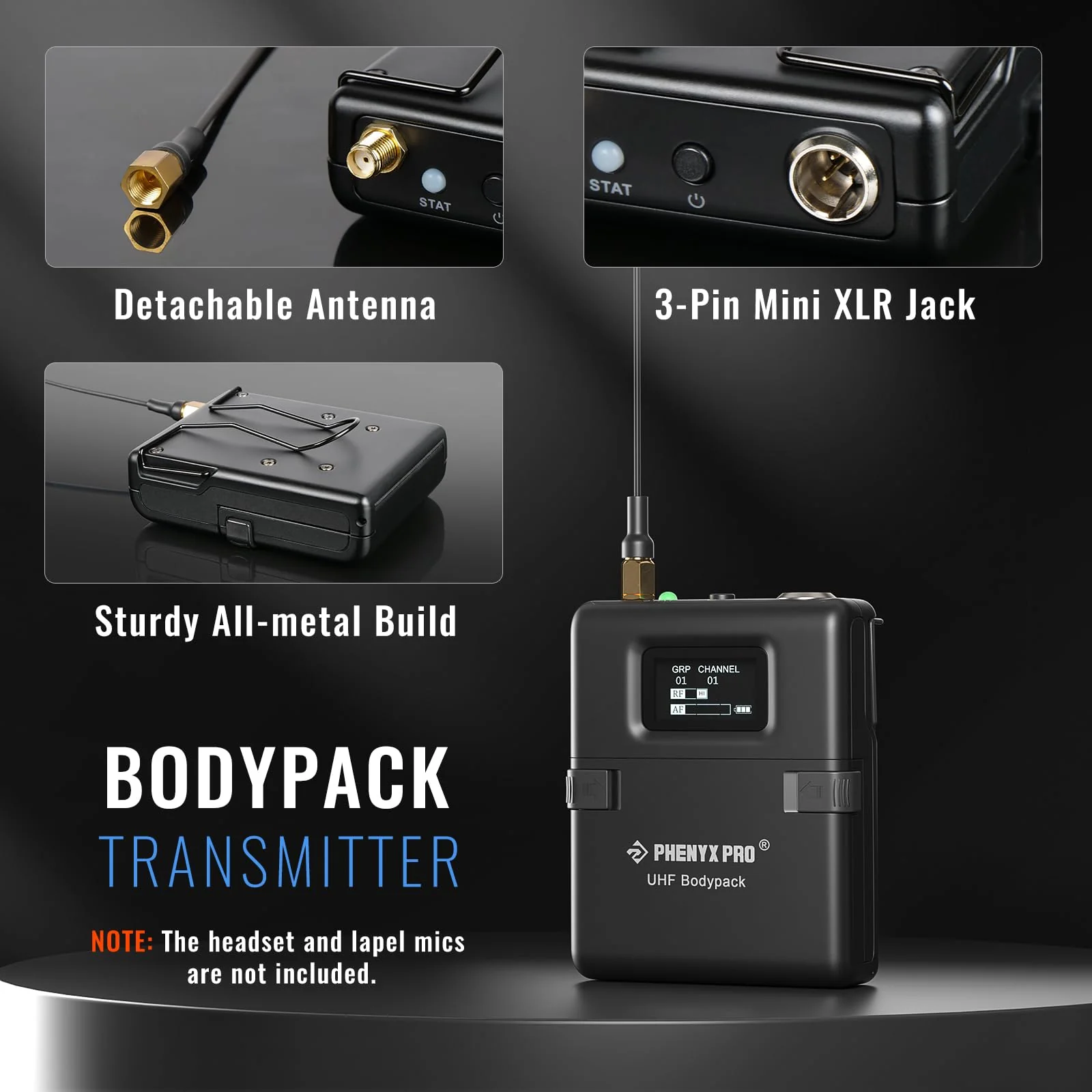 Phenyx Pro Wireless Bodypack Transmitter, UHF Bodypack Microphone for PTU-1U/PTU-2U True Diversity Wireless Microphone Systems, w/Tunable Channels, Mute Function (PWB-12) - Image 2