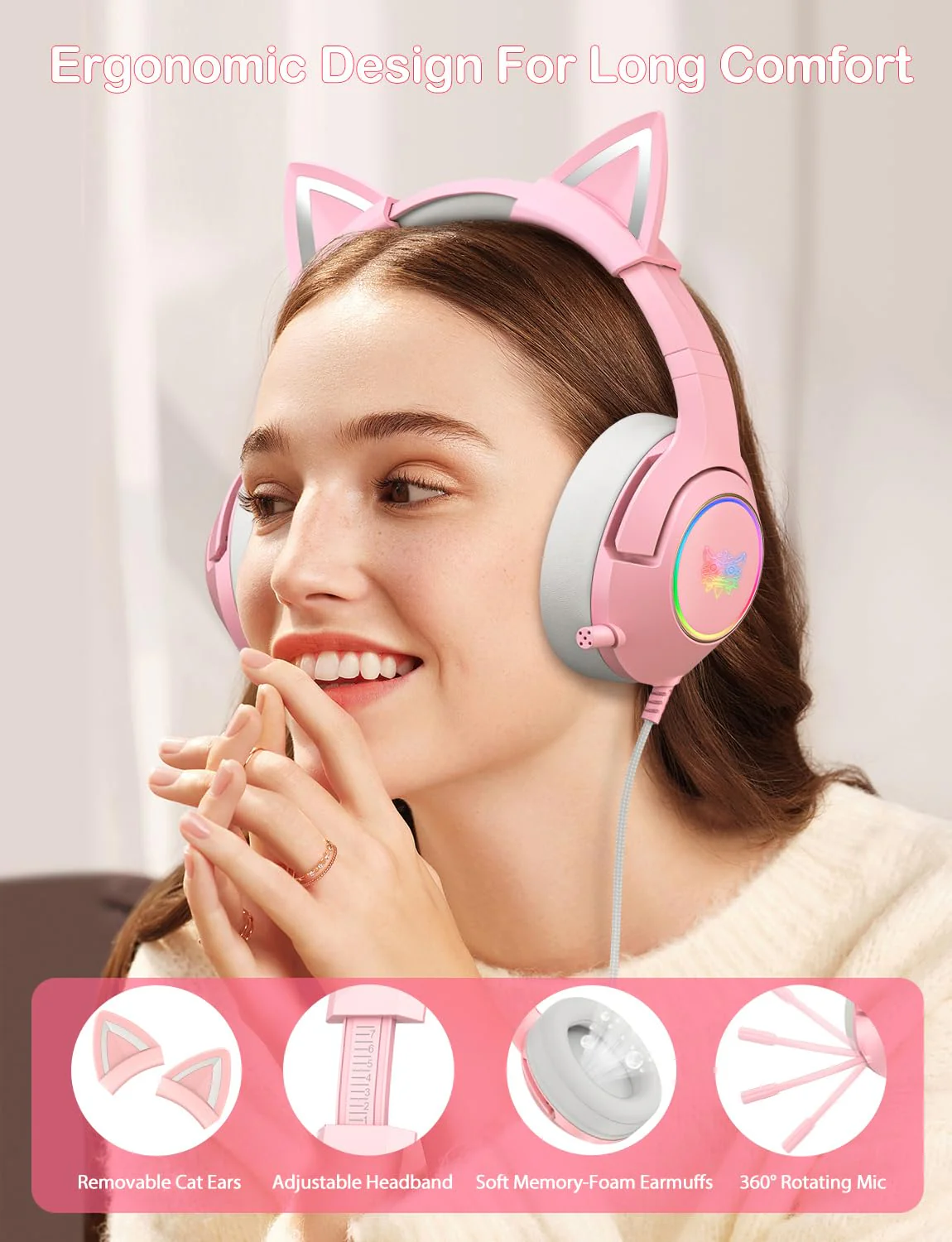 PHNIXGAM Cat Ear Gaming Cute Headset, Wired Over-Ear Headphones with Retractable Microphone, Surround Sound, LED Backlight for PS4, PS5, PC, Mobile Phone (Light Pink) A Pink 3.5mm - Image 3