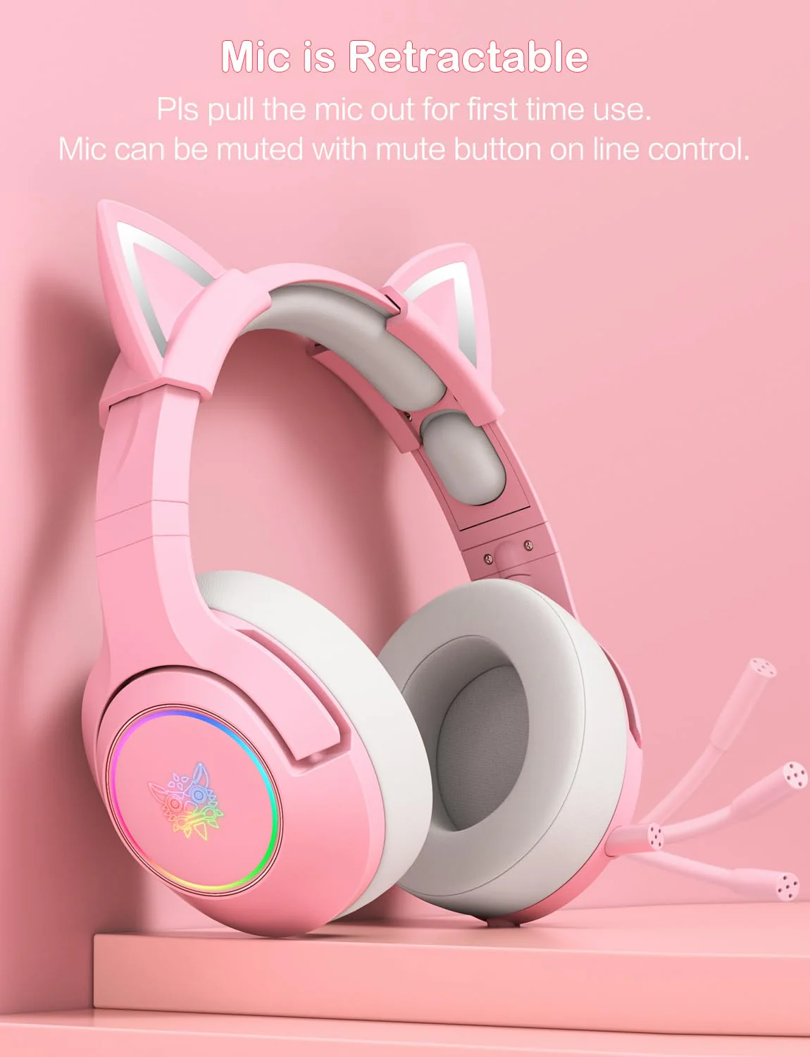 PHNIXGAM Cat Ear Gaming Cute Headset, Wired Over-Ear Headphones with Retractable Microphone, Surround Sound, LED Backlight for PS4, PS5, PC, Mobile Phone (Light Pink) A Pink 3.5mm - Image 4