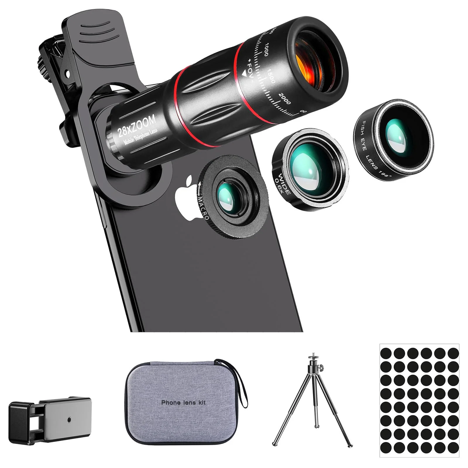 Phone Camera Lens Kit Upgraded Version Telephoto 28X Wide Angle 0.6X Macro 20X Fisheye 198° for Most Smartphones (Black) fisheye lens