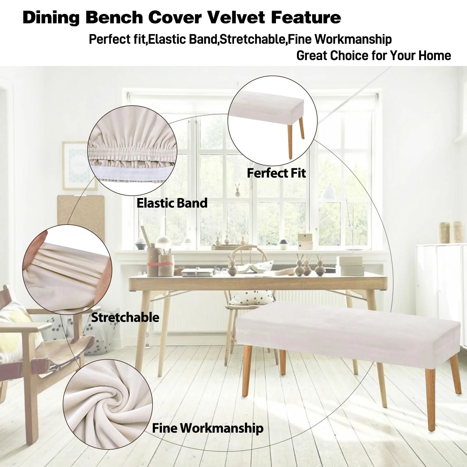 Piano Bench Cover Stretch Velvet Thick Bench Cushion Protector Cover Rectangle Bench Covers for Living Room,Bedroom,Kitchen(Medium Size,Beige) Velvet Fabric Beige Medium - Image 2
