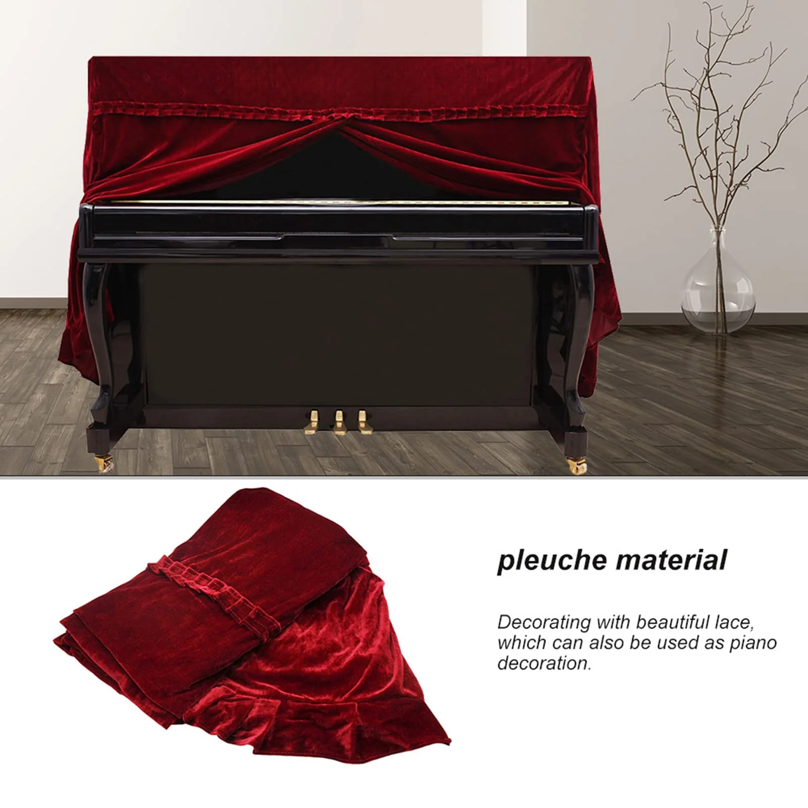 Piano Cover,Portable Foldable Pleuche Upright Full Piano Dust Cover Instruments Accessory (Red) - Image 4