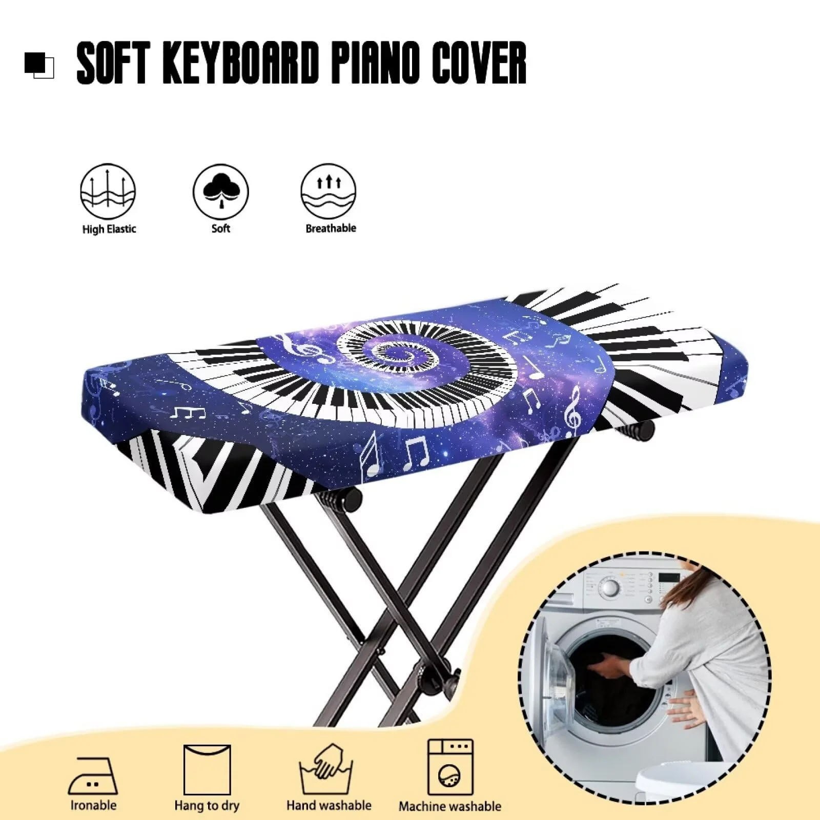 Piano Keyboard Cover Galaxy Music Notes Print Piano Keyboard Dust Cover for 54-88 Keys Electric Digital Piano Cover Cloth Full Cover Keyboard Protector Accessorie Large - Image 3