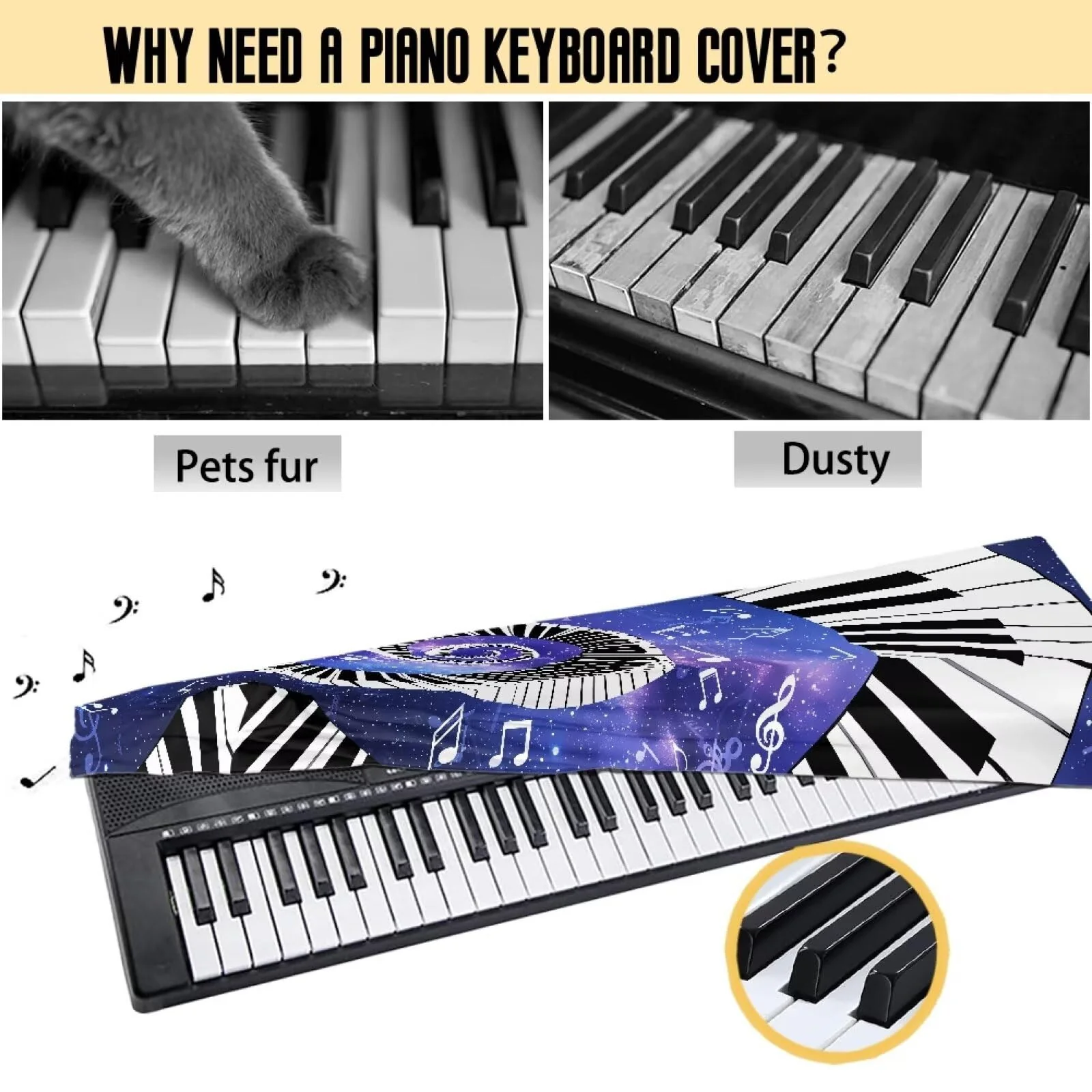 Piano Keyboard Cover Galaxy Music Notes Print Piano Keyboard Dust Cover for 54-88 Keys Electric Digital Piano Cover Cloth Full Cover Keyboard Protector Accessorie Large - Image 6