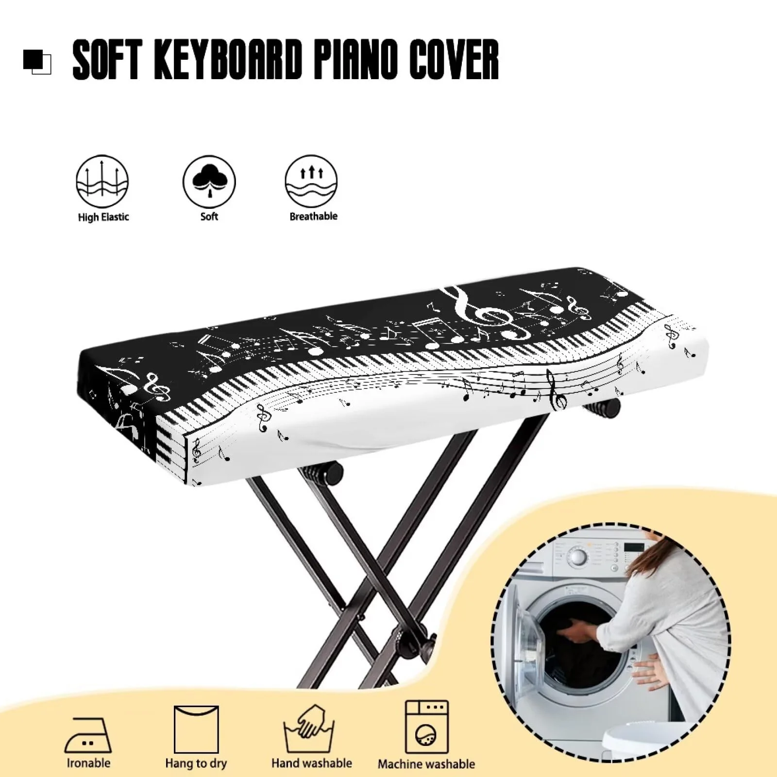 Piano Print Piano Keyboard Dust Cover 61 Keys Full Cover Piano Keyboard Covers Stretchy Waterproof Cloth Electric Piano Keyboard Covers S Size (61-76 key) - Image 3