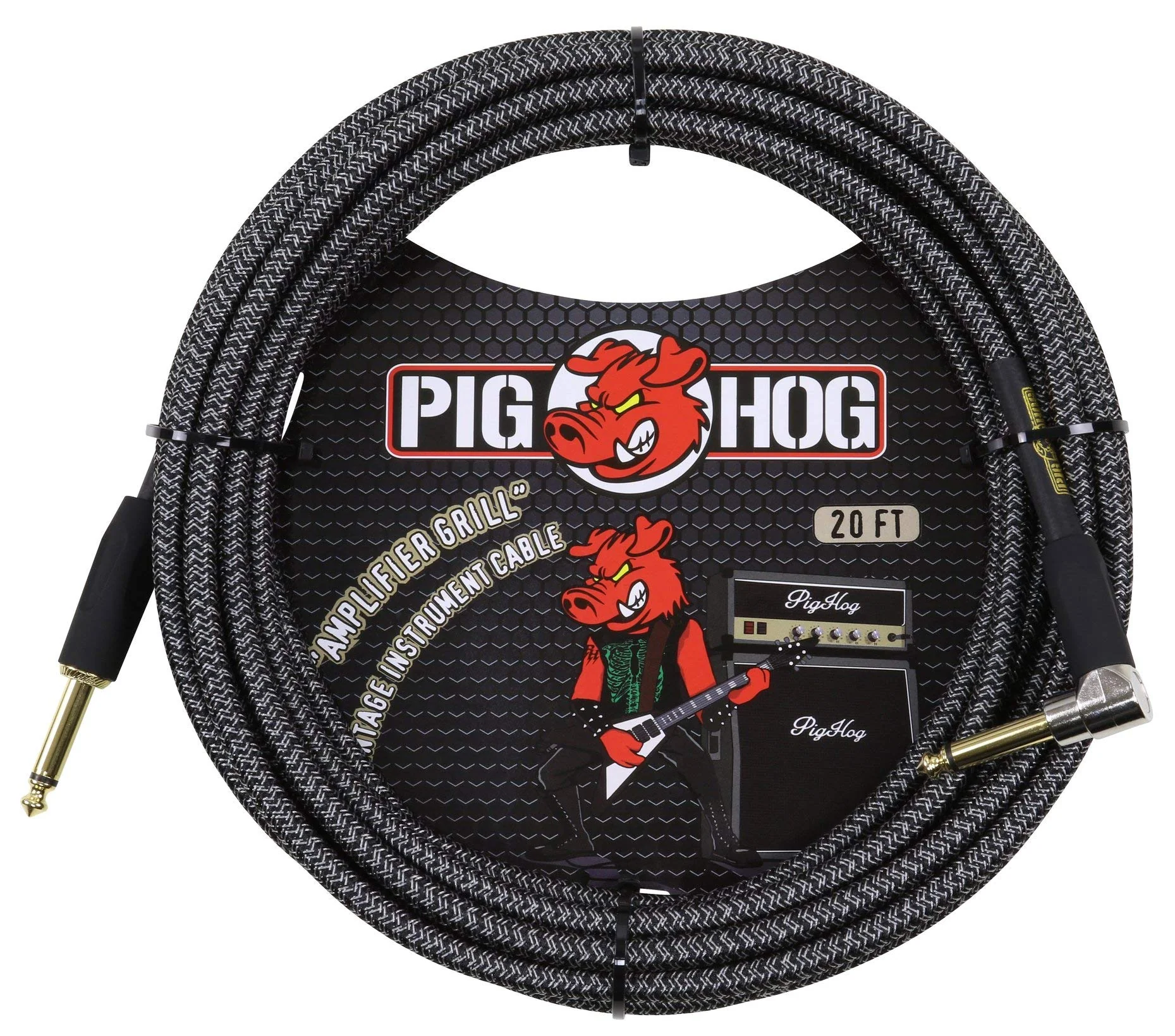 Pig Hog PCH20AGR Right-Angle 1/4" to 1/4" Amplifier Grill Guitar Instrument Cable, 20 Feet 20 ft