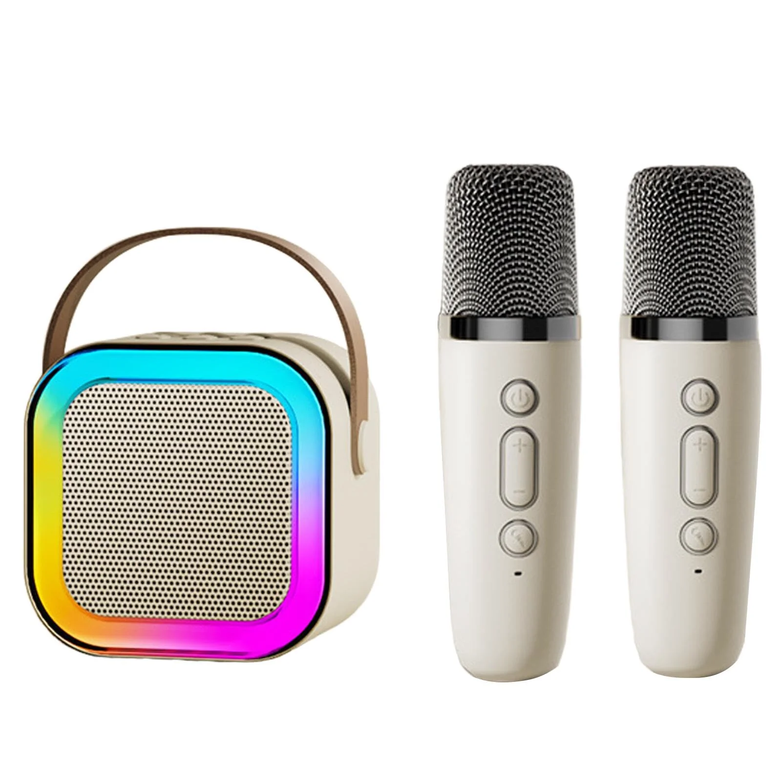 Pilarmuture Mini Karaoke Machine with 2 Wireless Microphones, Dual Noise Reduction, Voice Change with Multiple Modes, Bluetooth, White