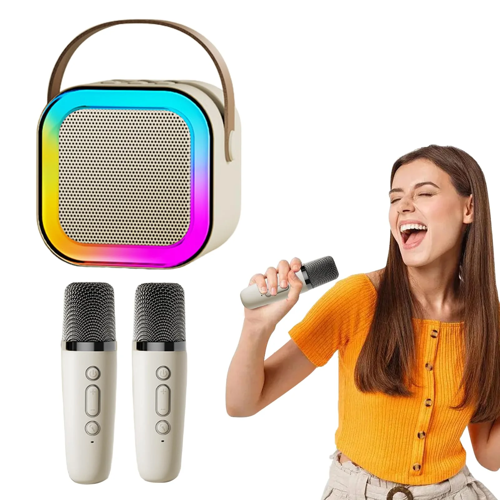 Pilarmuture Mini Karaoke Machine with 2 Wireless Microphones, Dual Noise Reduction, Voice Change with Multiple Modes, Bluetooth, White - Image 2