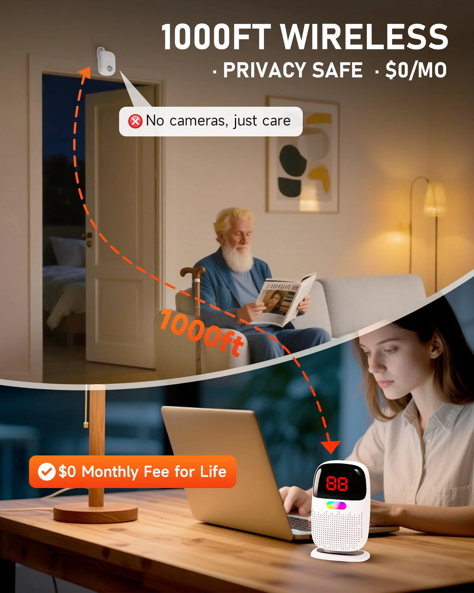 PILSAMAS Bed Alarms for Elderly Dementia Patients - Digital Sensor ID Display & Clip-On Caregiver Pager, Wirelss 1000ft Range, No Month Fee, Motion Sensors for Fall & Room Exit Alerts 2 Sensors+ 1 Receiver - Image 5