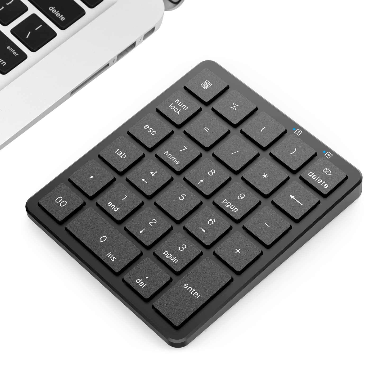 PINKCAT Bluetooth Number Pad, 28 Keys Aluminum Rechargeable Wireless Numeric Keypad, Portable Number Numpad Financial Accounting for Laptop, PC, Notebook, Desktop, Surface Pro - Black KF30-BT+Black