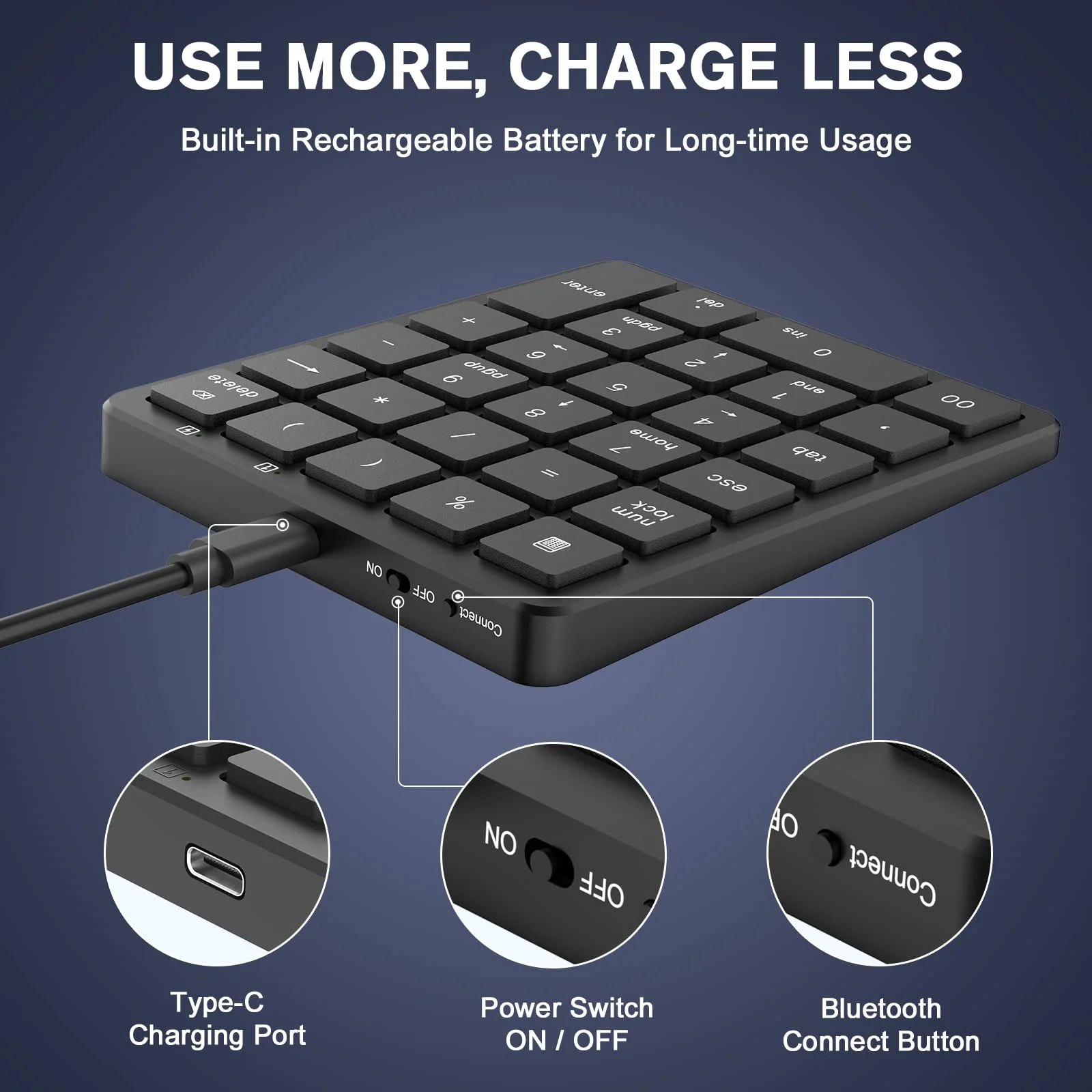 PINKCAT Bluetooth Number Pad, 28 Keys Aluminum Rechargeable Wireless Numeric Keypad, Portable Number Numpad Financial Accounting for Laptop, PC, Notebook, Desktop, Surface Pro - Black KF30-BT+Black - Image 6