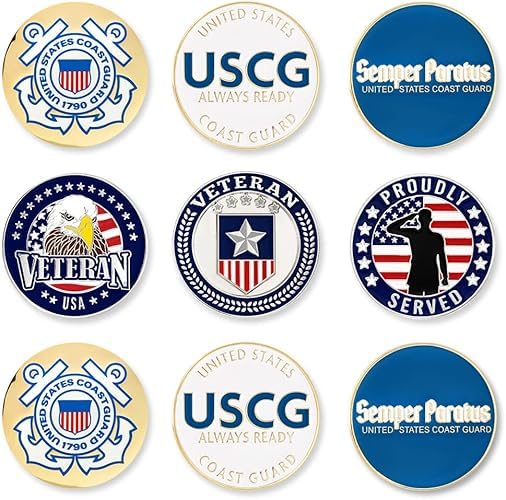 PinMart’s Officially Licensed United States Veteran Bundle Pack of 9 Golf Ball Markers - Golf Accessories for Men and Women - Magnetic Veteran Ball Markers Set of 9 Coast Guard Blue/White/Gold
