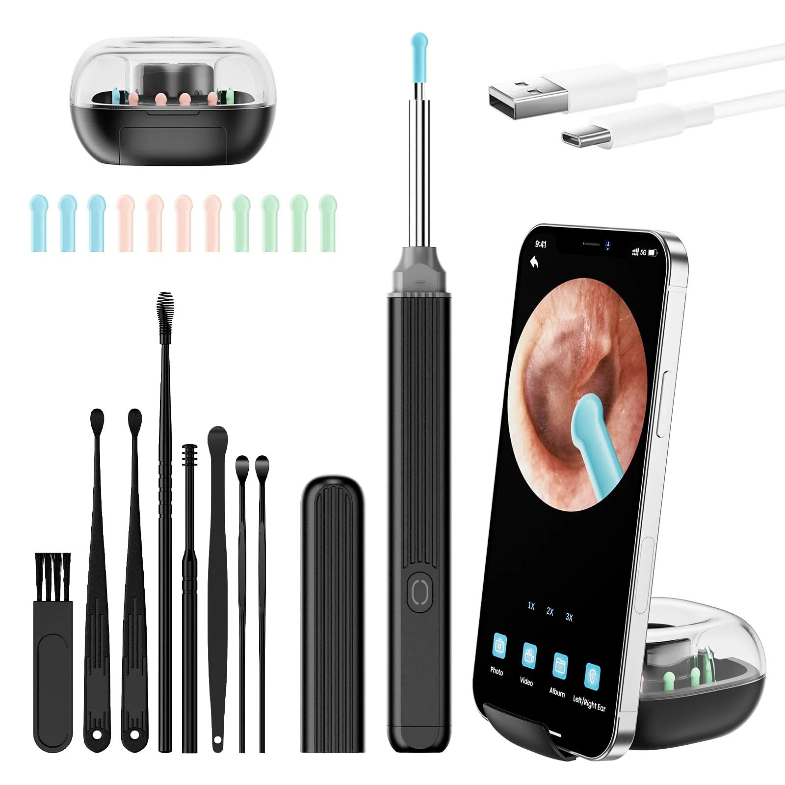 PKBD Ear Wax Remover Ear Cleaner for Adults Ear Cleaner with 1920 HD Camera Otoscope Storage Box, Sturdy Chip, Anti-Shake, Suitable for Adults / Children, Black