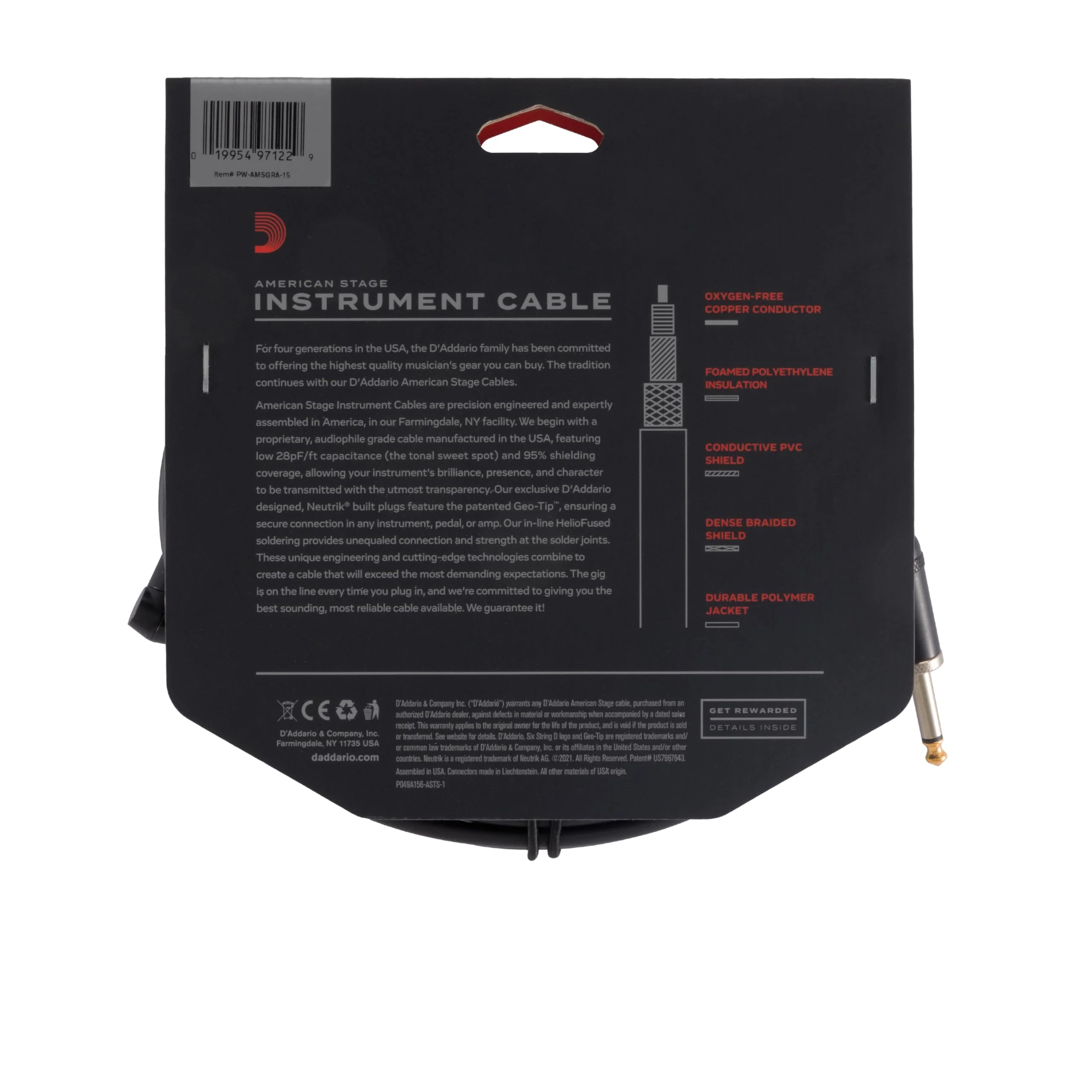 Planet Waves PW-AMSGRA-15 American Stage Instrument Cable 15 feet Straight to Right Angle - Image 4