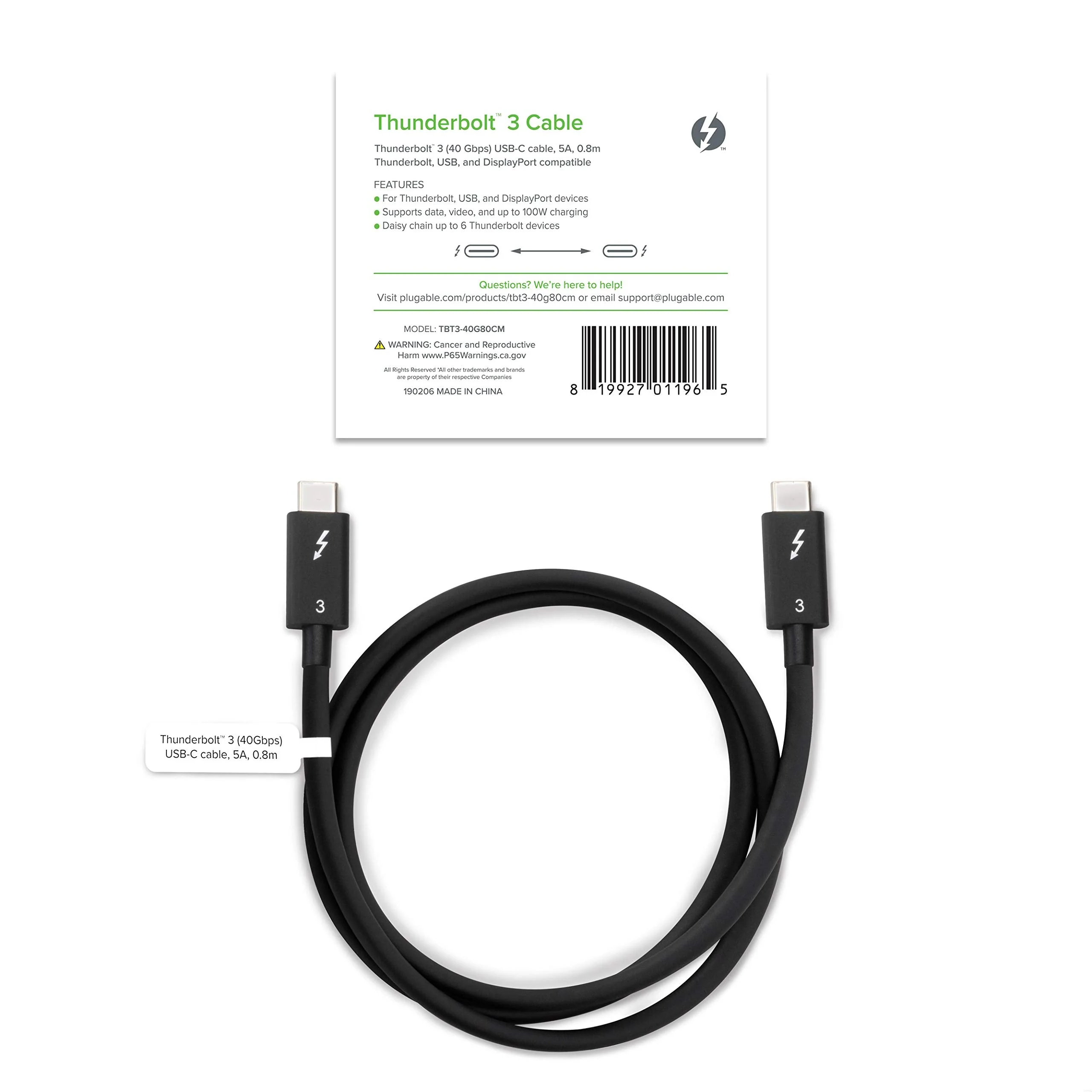 Plugable Thunderbolt 3 Cable 40Gbps Supports 100W (20V, 5A) Charging, 2.6ft / 0.8m USB C Compatible [Thunderbolt 3 Certified] 0.8m 40Gb 5A - Image 7