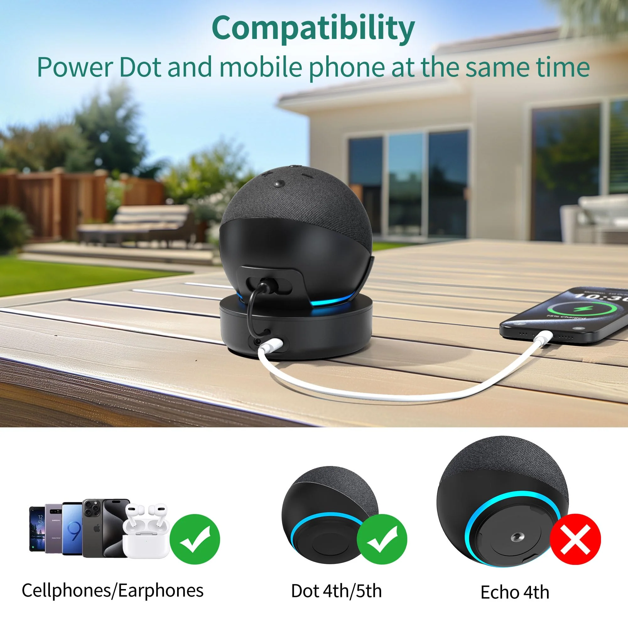 PlusAcc Battery Base for Dot 5th Gen & Dot 4th Gen - Portable Table Rechargeable Stand Accessories Compatible with iPhone Models & Dot 5th Generation (Black) Black - Image 2
