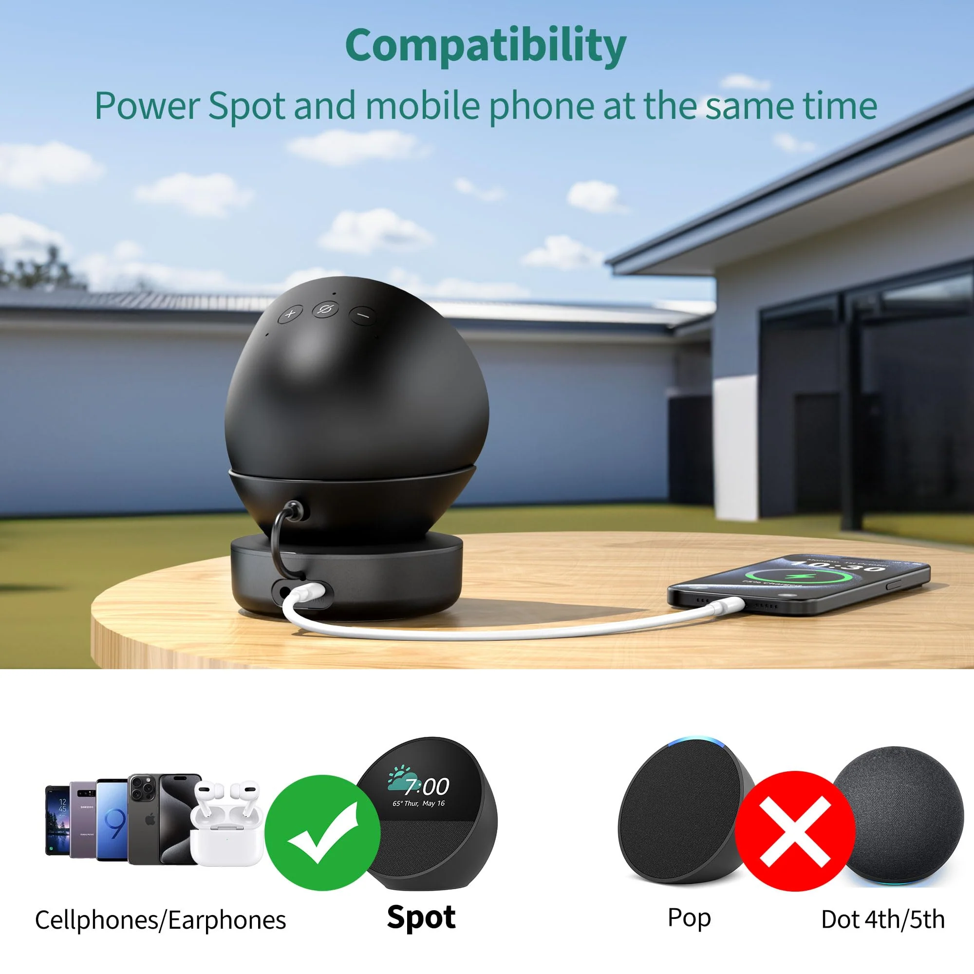 PlusAcc Battery Base for Spot - 5000mAh Portable Charger Stand with 8 Hours Sound Playback Playtime with USB-C Output Port, Charging Dock Accessories for iPhone and Spot (Not Include Spot)(Black) Black - Image 2