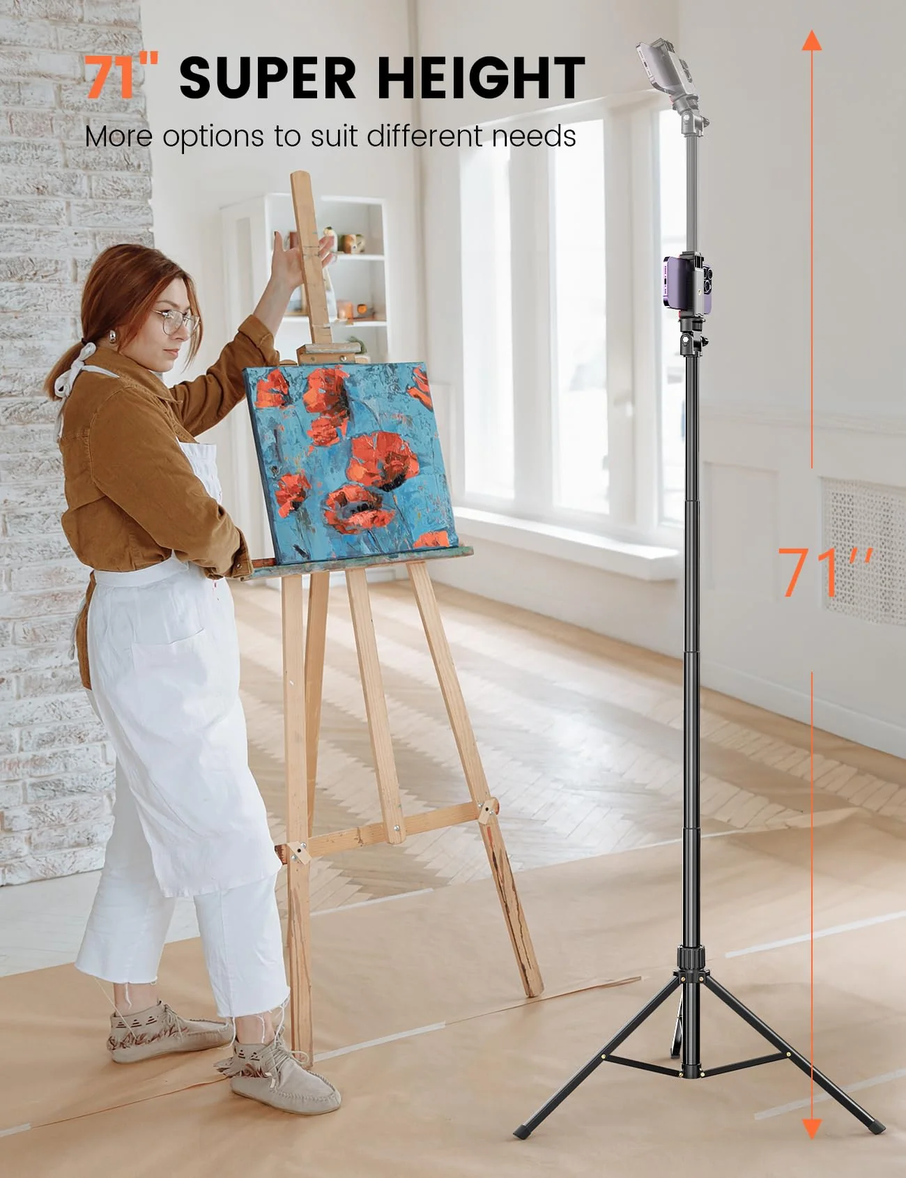 Pnitri 71'' Phone Tripod Stand, Extendable Reinforced Aluminum Phone Stand with Wireless Remote, Stable Cellphone Tripod Compatible with iPhone 15/14/13 Galaxy S23/S22 Huawei. Black - Image 2