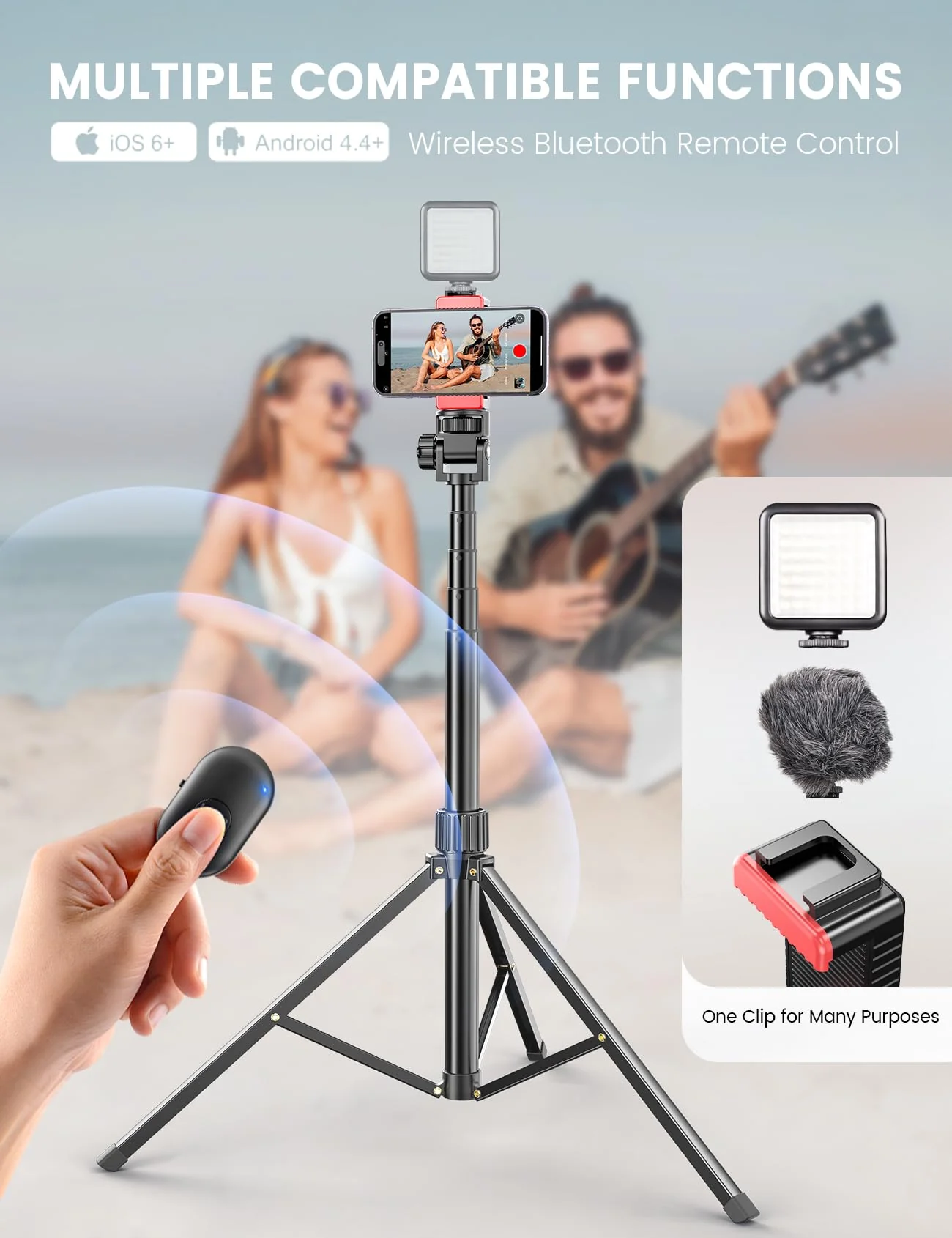 Pnitri 71'' Phone Tripod Stand, Extendable Reinforced Aluminum Phone Stand with Wireless Remote, Stable Cellphone Tripod Compatible with iPhone 15/14/13 Galaxy S23/S22 Huawei. Black - Image 4