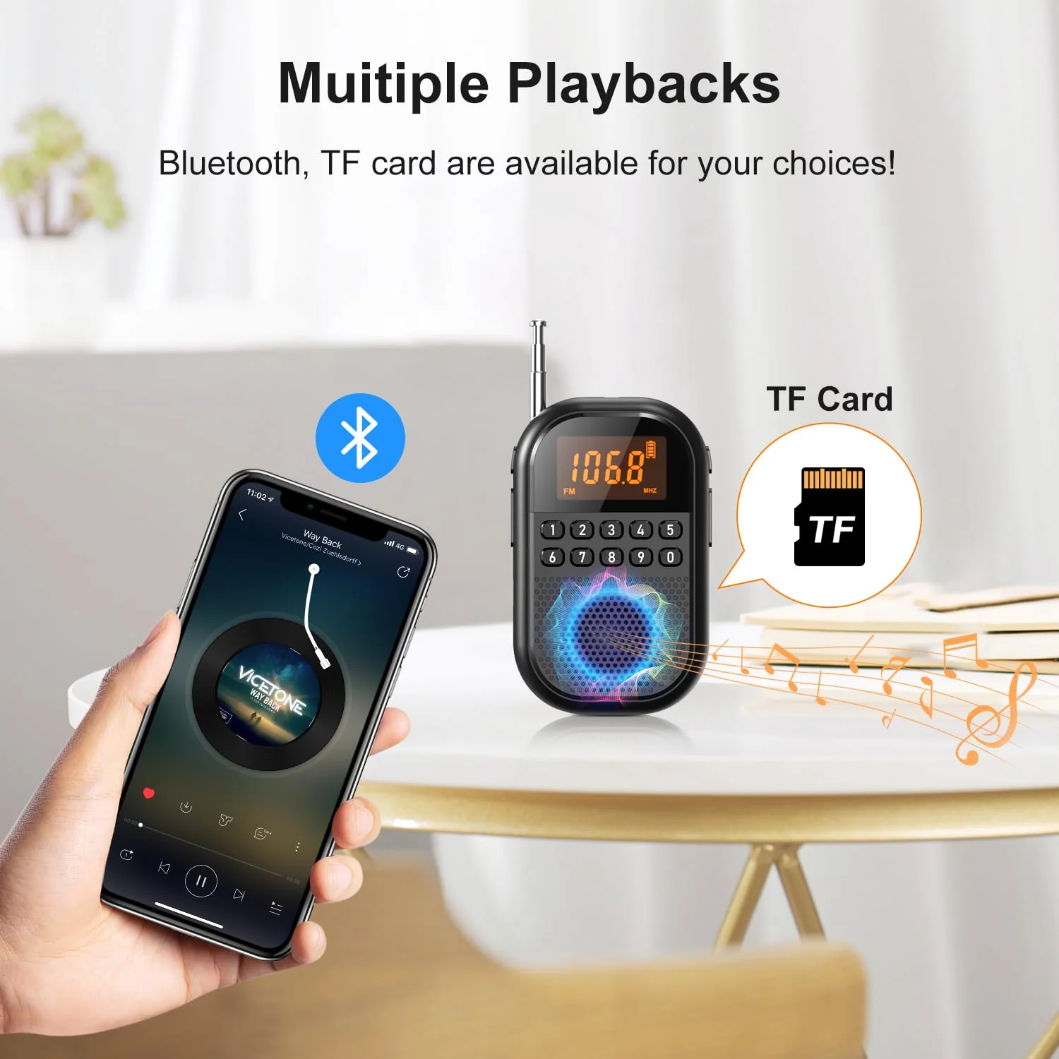 Pocket AM FM Radio:1100mAh Rechargeable Radio Supports Bluetooth, Mini FM AM Receiver with Large Speaker, Stereo Earphone, Sleep Timer, Easy to use for Jogging, Walking Black - Image 4