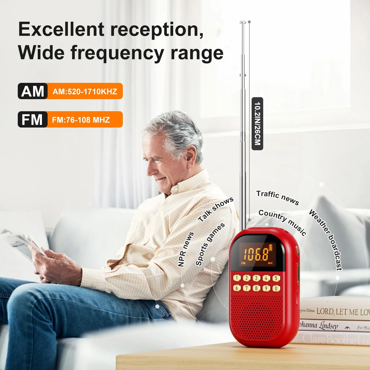 Pocket AM FM Radio:1100mAh Rechargeable Radio Supports Bluettoth, Mini FM AM Receiver with Large Speaker, Stereo Earphone, Sleep Timer, Easy to use for Jogging, Walking Red - Image 2