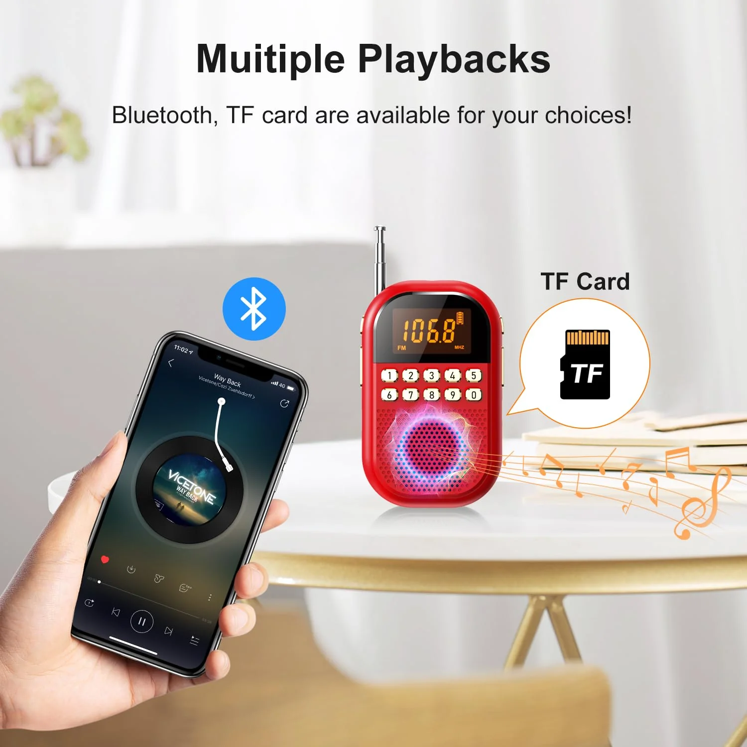 Pocket AM FM Radio:1100mAh Rechargeable Radio Supports Bluettoth, Mini FM AM Receiver with Large Speaker, Stereo Earphone, Sleep Timer, Easy to use for Jogging, Walking Red - Image 5