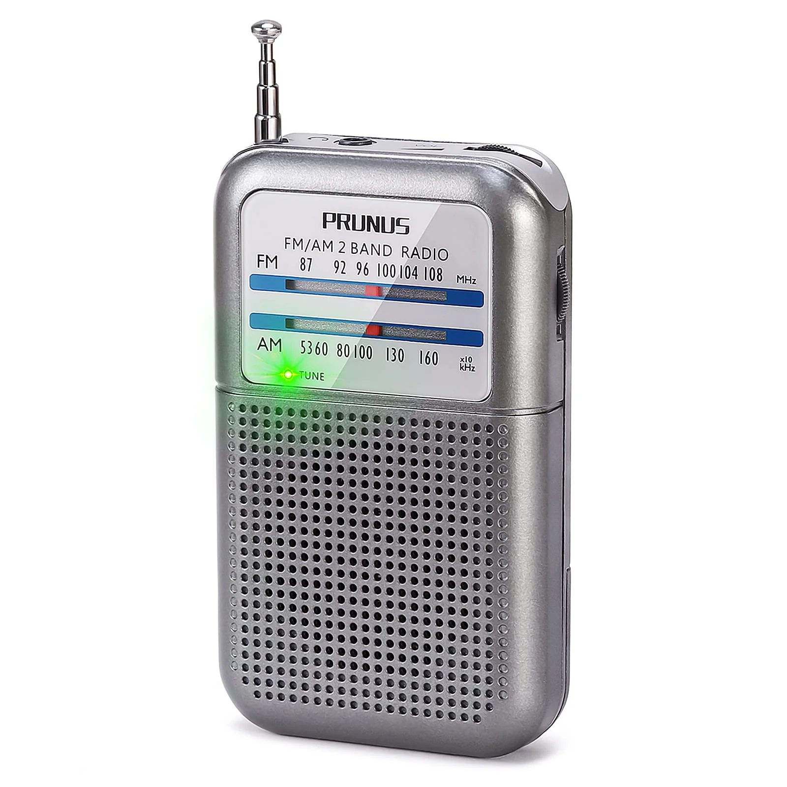 Pocket AM FM Radio Portable, Mini Transistor Radio with Excellent Reception, Tuning Knob with Signal Indicator, AAA Battery Operated for Walking and Jogging, DE333 by PRUNUS Silver01
