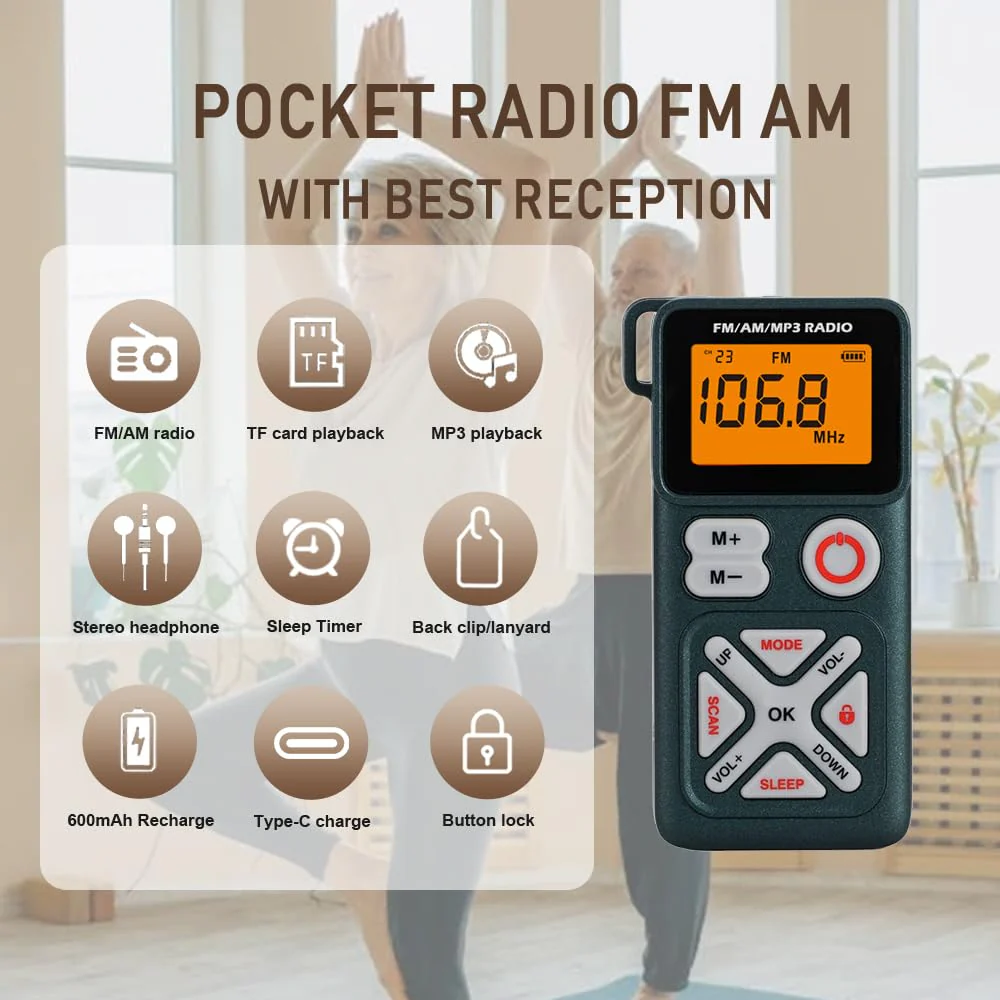 Pocket am fm Radio Portable with Stereo Headphones, Mini Transistor Radio Digital Tuning with Excellent Reception, TF Slot, USB-C Rechargeable Battery Operated, Belt Clip for Walking, Jogging (Green) Green - Image 2