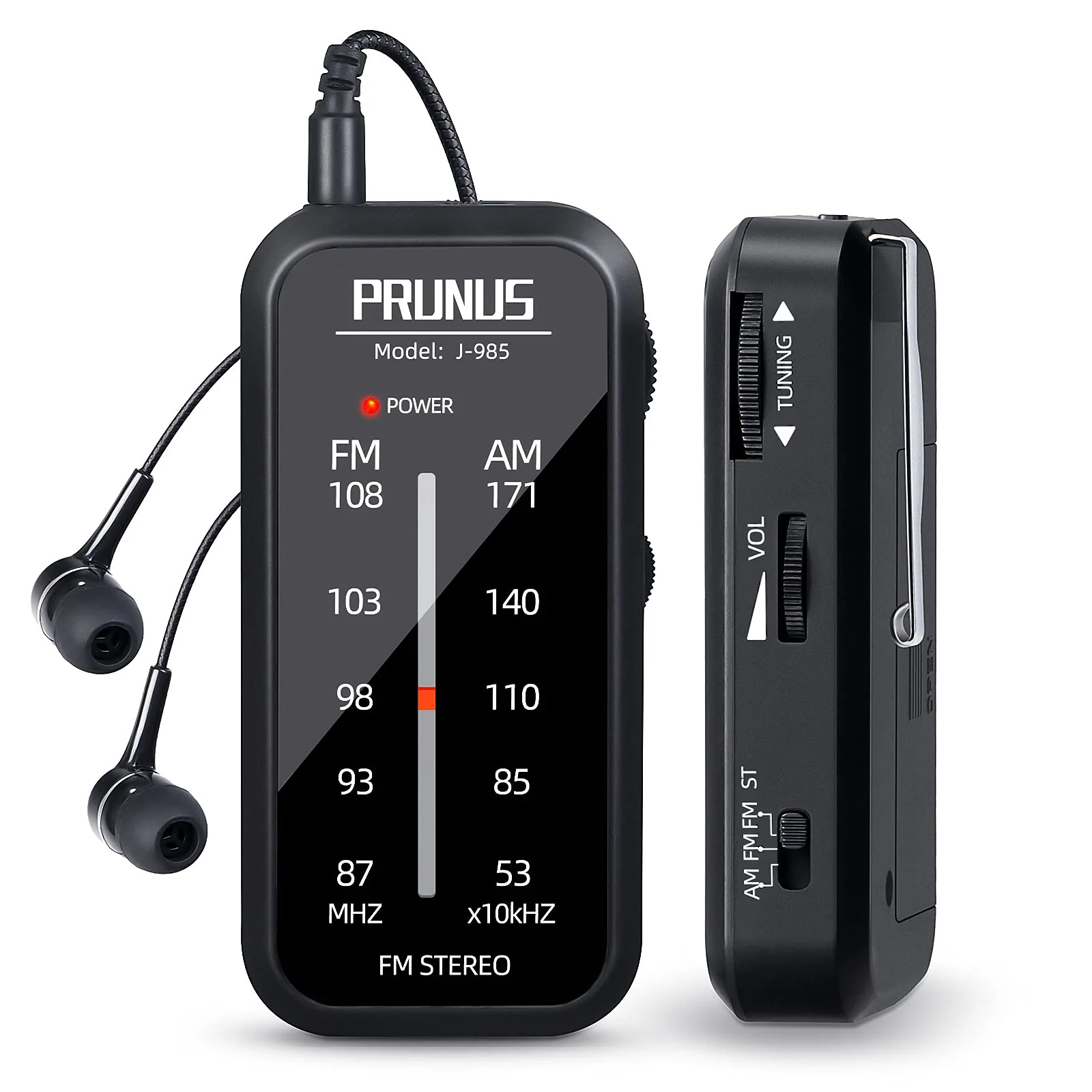 Pocket Radio Mini AM FM Stereo Radio Portable Battery Operated Radio, Includes Headphones, with Back Clip and Signal Indicator, Operated by AAA Batteries for Hurricane,Walking,Running,J-985 by PRUNUS Black
