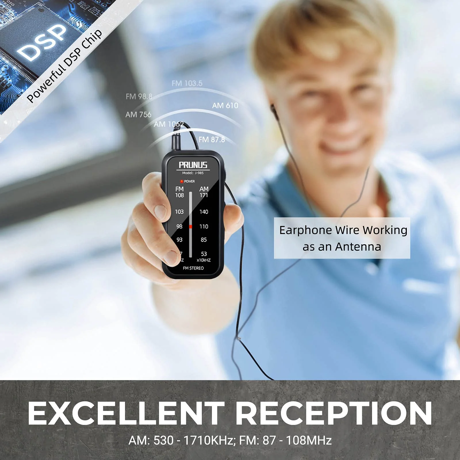 Pocket Radio Mini AM FM Stereo Radio Portable Battery Operated Radio, Includes Headphones, with Back Clip and Signal Indicator, Operated by AAA Batteries for Hurricane,Walking,Running,J-985 by PRUNUS Black - Image 2