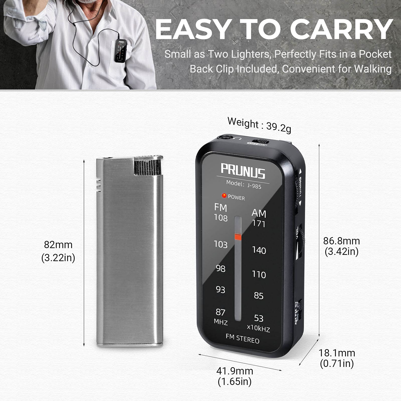 Pocket Radio Mini AM FM Stereo Radio Portable Battery Operated Radio, Includes Headphones, with Back Clip and Signal Indicator, Operated by AAA Batteries for Hurricane,Walking,Running,J-985 by PRUNUS Black - Image 3